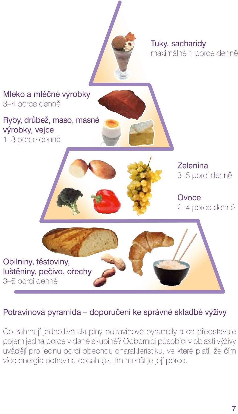 ke správné skladbě výživy Co zahrnují jednotlivé skupiny potravinové pyramidy a co představuje pojem jedna porce v dané skupině?