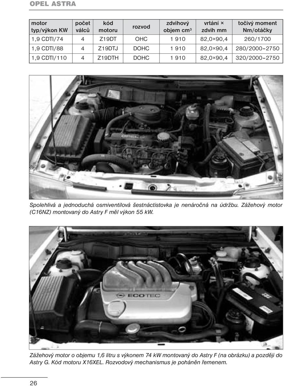 a jednoduchá osmiventilová šestnáctistovka je nenáročná na údržbu. Zážehový motor (C16NZ) montovaný do Astry F měl výkon 55 kw.