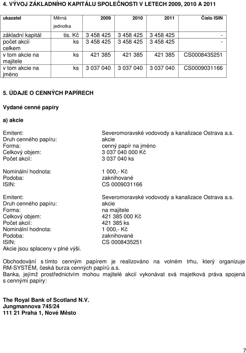 037 040 CS0009031166 5. ÚDAJE O CENNÝCH PAPÍRECH Vydané cenné papíry a) akcie Emitent: Druh cenného papíru: Forma: Celkový objem: Počet akcií: Severomoravsk