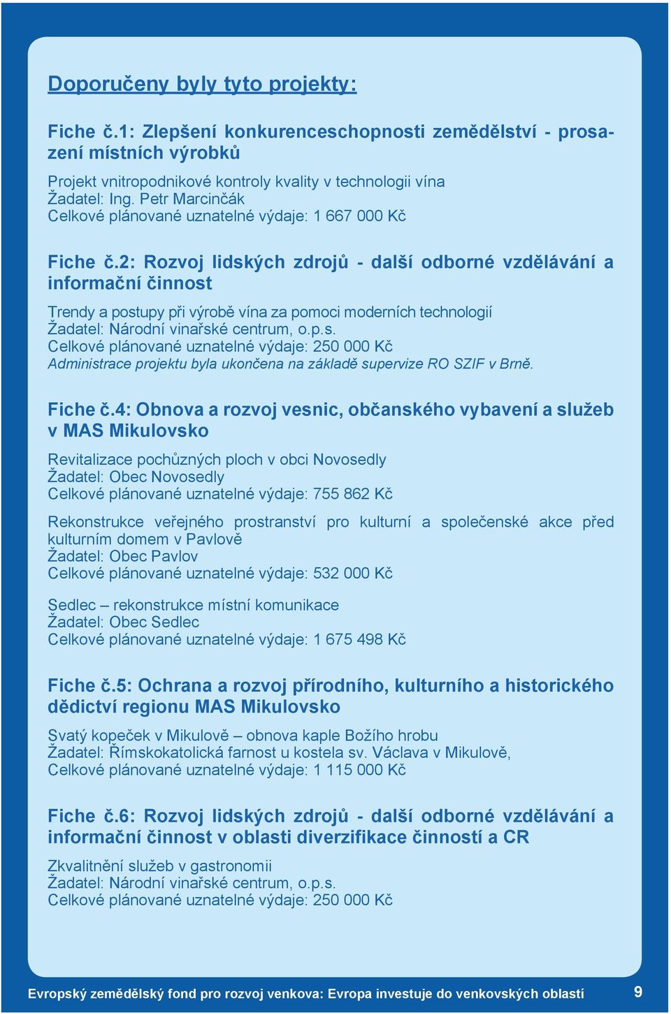 2: Rozvoj lidských zdrojů - další odborné vzdělávání a informační činnost Trendy a postupy při výrobě vína za pomoci moderních technologií Žadatel: Národní vinařské centrum, o.p.s. Celkové plánované uznatelné výdaje: 250 000 Kč Administrace projektu byla ukončena na základě supervize RO SZIF v Brně.