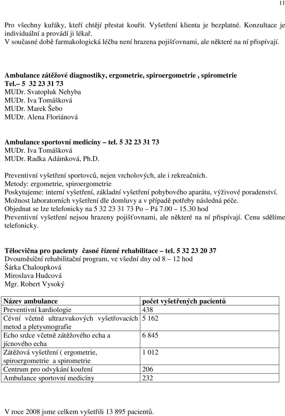 Svatopluk Nehyba MUDr. Iva Tomášková MUDr. Marek Šebo MUDr. Alena Floriánová Ambulance sportovní medicíny tel. 5 32 23 31 73 MUDr. Iva Tomášková MUDr. Radka Adámková, Ph.D. Preventivní vyšetření sportovců, nejen vrcholových, ale i rekreačních.