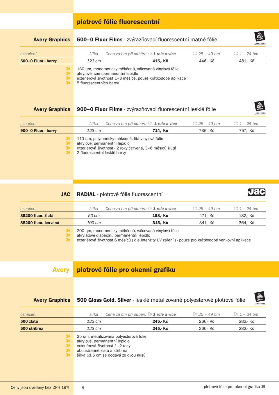 Avery Graphics 900 0 Fluor Films - zvýrazňovací fluorescentní lesklé fólie označení šířka Cena za bm při odběru 1 role a více 25 49 bm 1 24 bm 900 0 Fluor - barvy 123 cm 714,- Kč 736,- Kč 757,- Kč