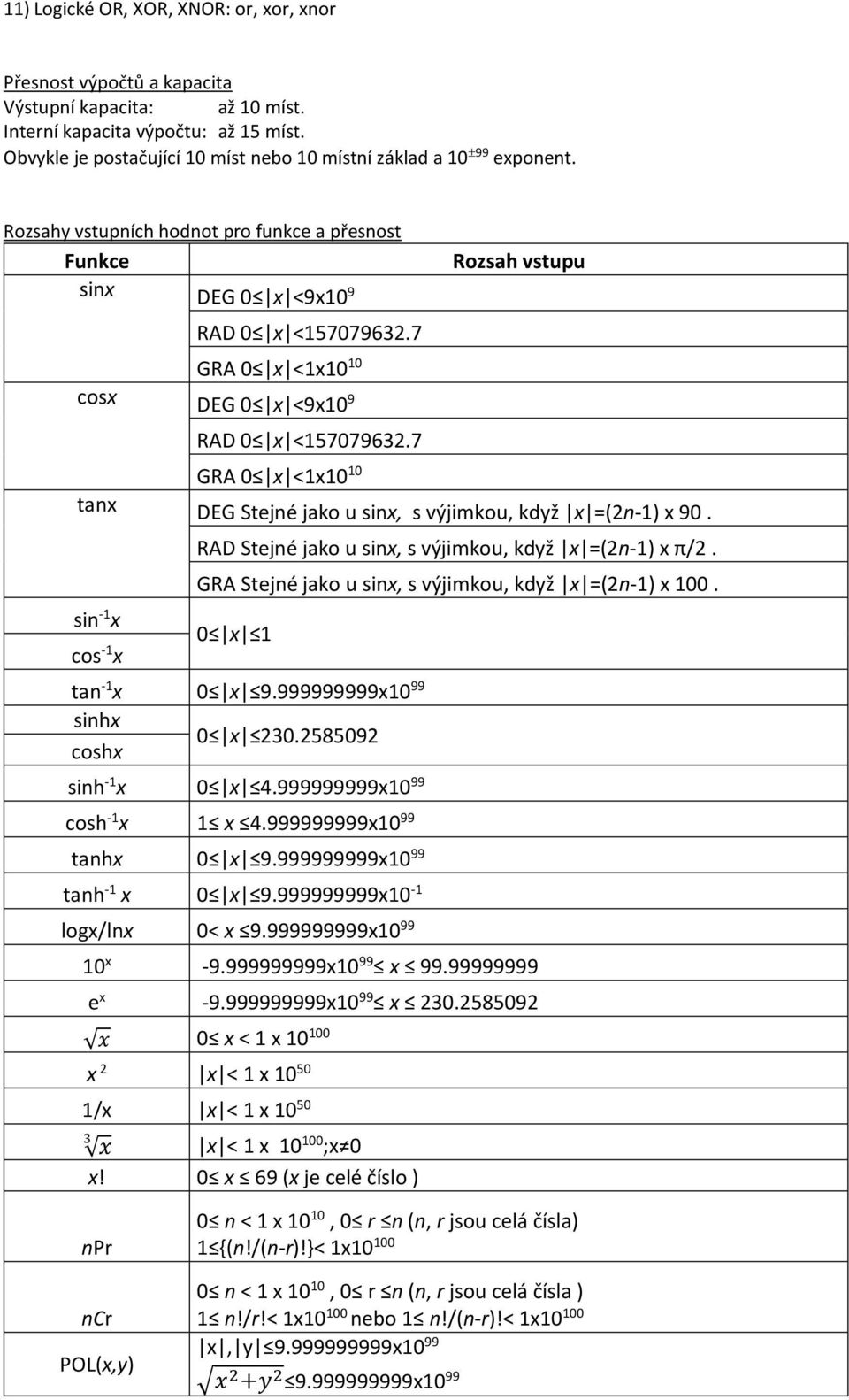 7 GRA 0 x <1x10 10 cosx DEG 0 x <9x10 9 RAD 0 x <157079632.7 GRA 0 x <1x10 10 tanx DEG Stejné jako u sinx, s výjimkou, když x =(2n-1) x 90.