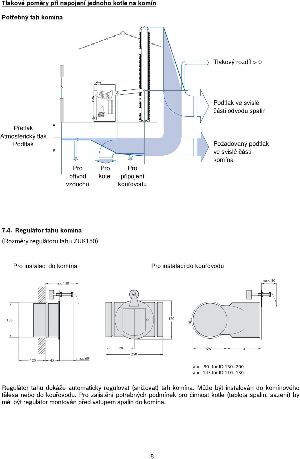 Regulátor tahu komína (Rozměry regulátoru tahu ZUK150) Pro instalaci do komína Pro instalaci do kouřovodu Regulátor tahu dokáže automaticky regulovat