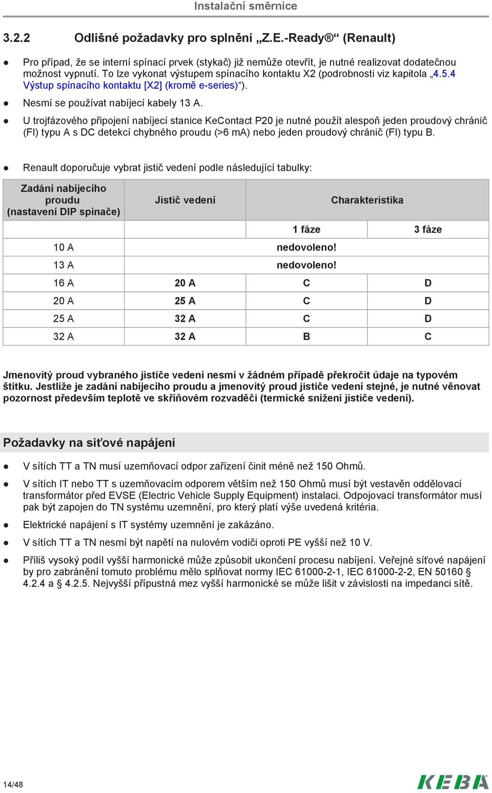 U trojfázového připojení nabíjecí stanice KeContact P20 je nutné použít alespoň jeden proudový chránič (FI) typu A s DC detekcí chybného proudu (>6 ma) nebo jeden proudový chránič (FI) typu B.