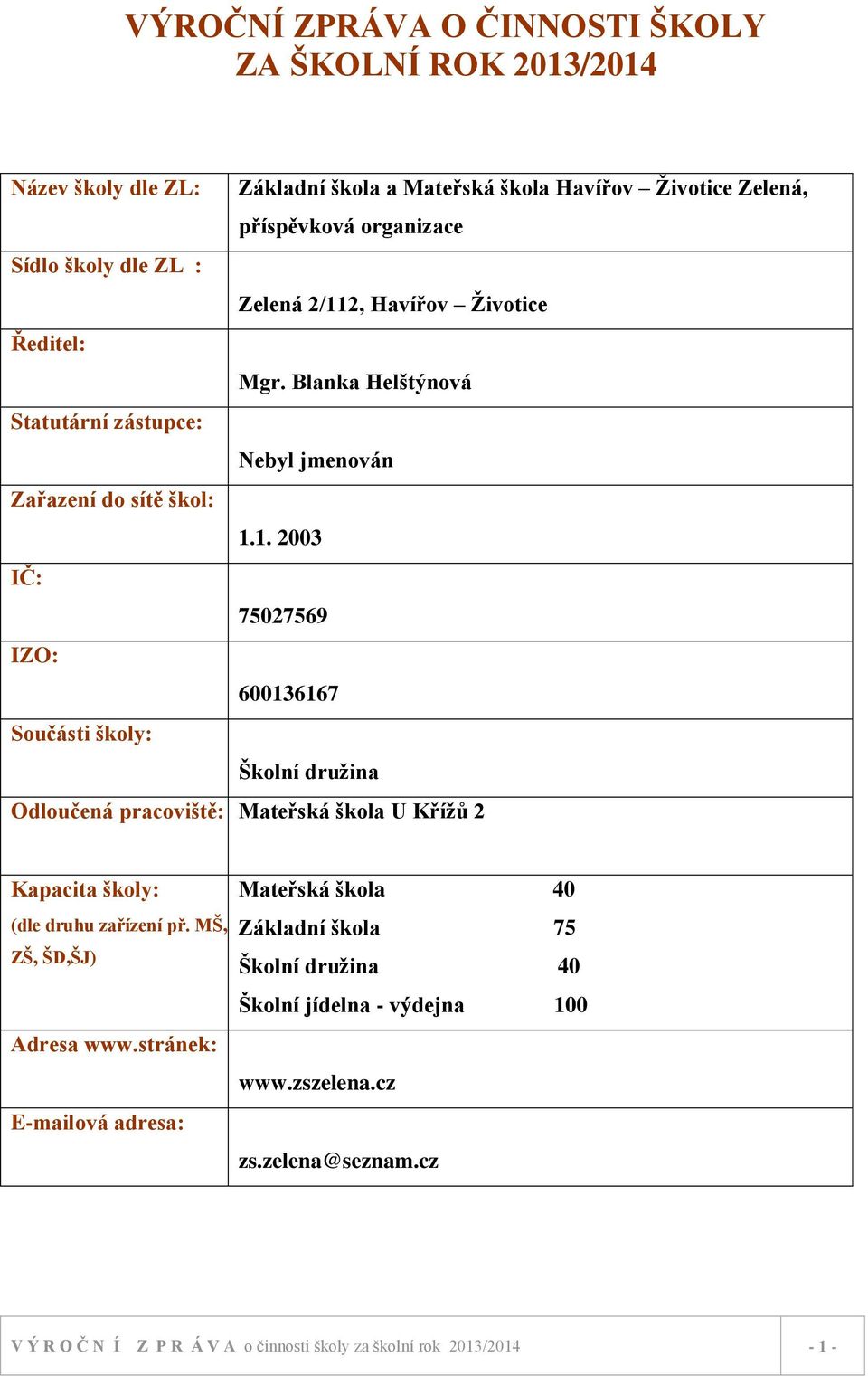 2, Havířov Životice Ředitel: Mgr. Blanka Helštýnová Statutární zástupce: Nebyl jmenován Zařazení do sítě škol: 1.