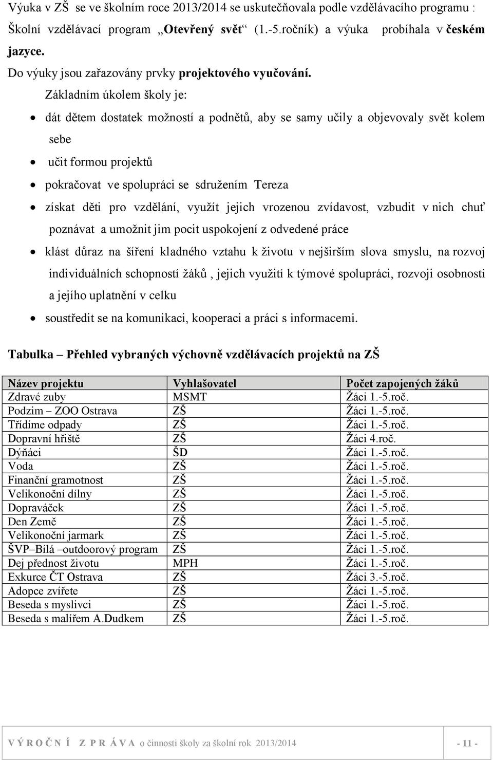 Základním úkolem školy je: dát dětem dostatek možností a podnětů, aby se samy učily a objevovaly svět kolem sebe učit formou projektů pokračovat ve spolupráci se sdružením Tereza získat děti pro