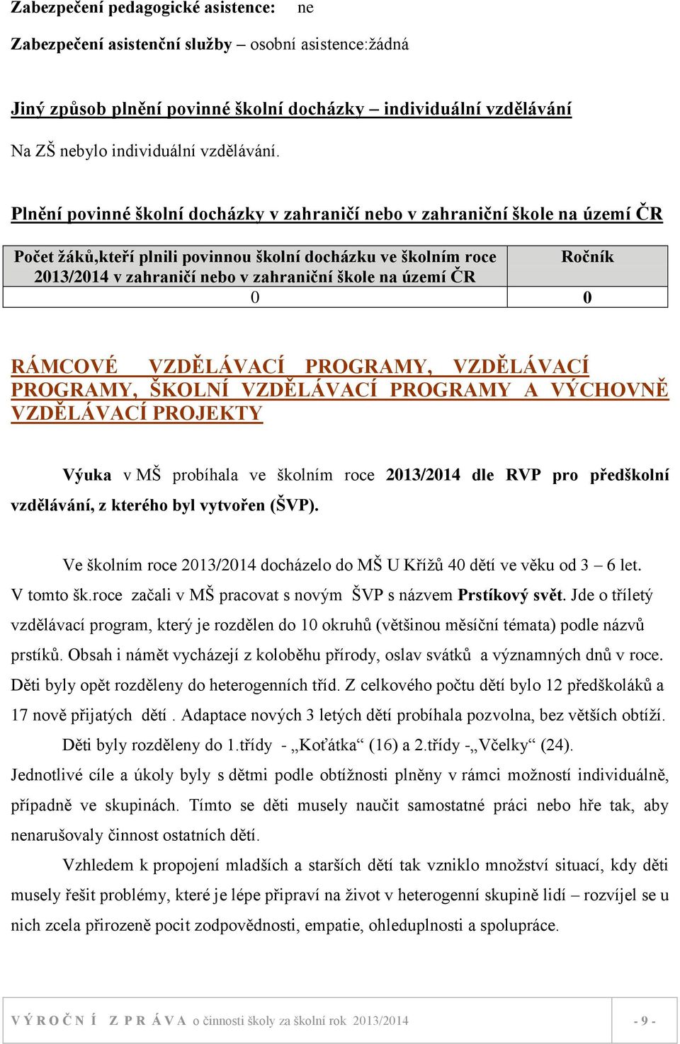 území ČR 0 0 RÁMCOVÉ VZDĚLÁVACÍ PROGRAMY, VZDĚLÁVACÍ PROGRAMY, ŠKOLNÍ VZDĚLÁVACÍ PROGRAMY A VÝCHOVNĚ VZDĚLÁVACÍ PROJEKTY Výuka v MŠ probíhala ve školním roce 2013/2014 dle RVP pro předškolní