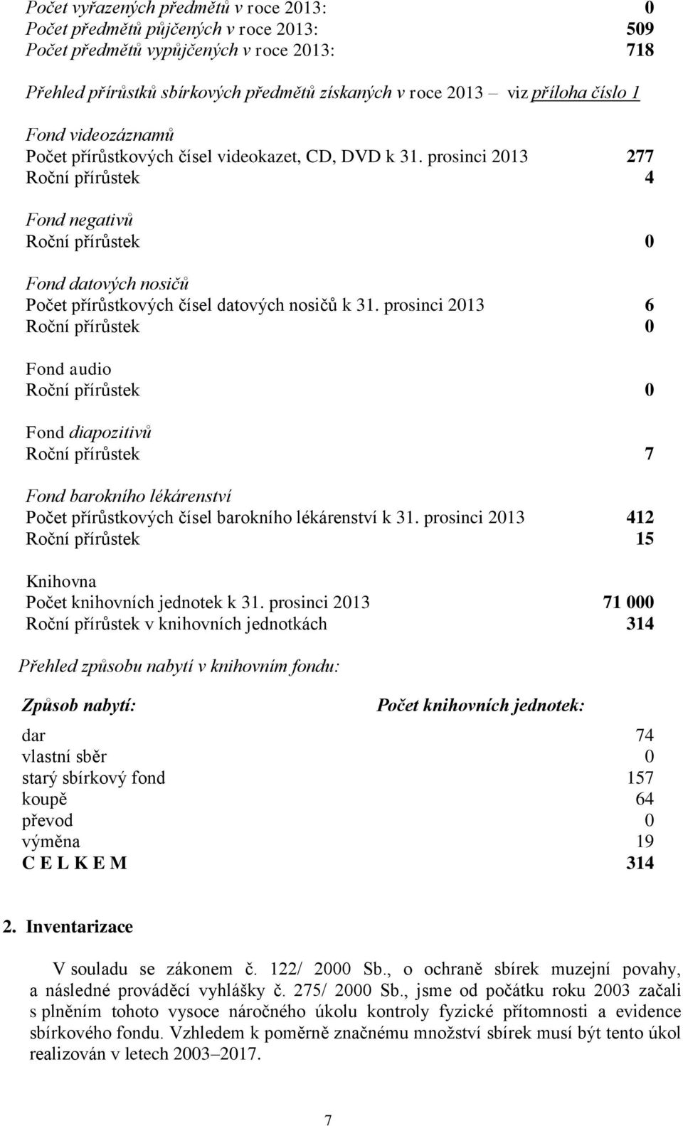 prosinci 2013 277 Roční přírůstek 4 Fond negativů Roční přírůstek 0 Fond datových nosičů Počet přírůstkových čísel datových nosičů k 31.