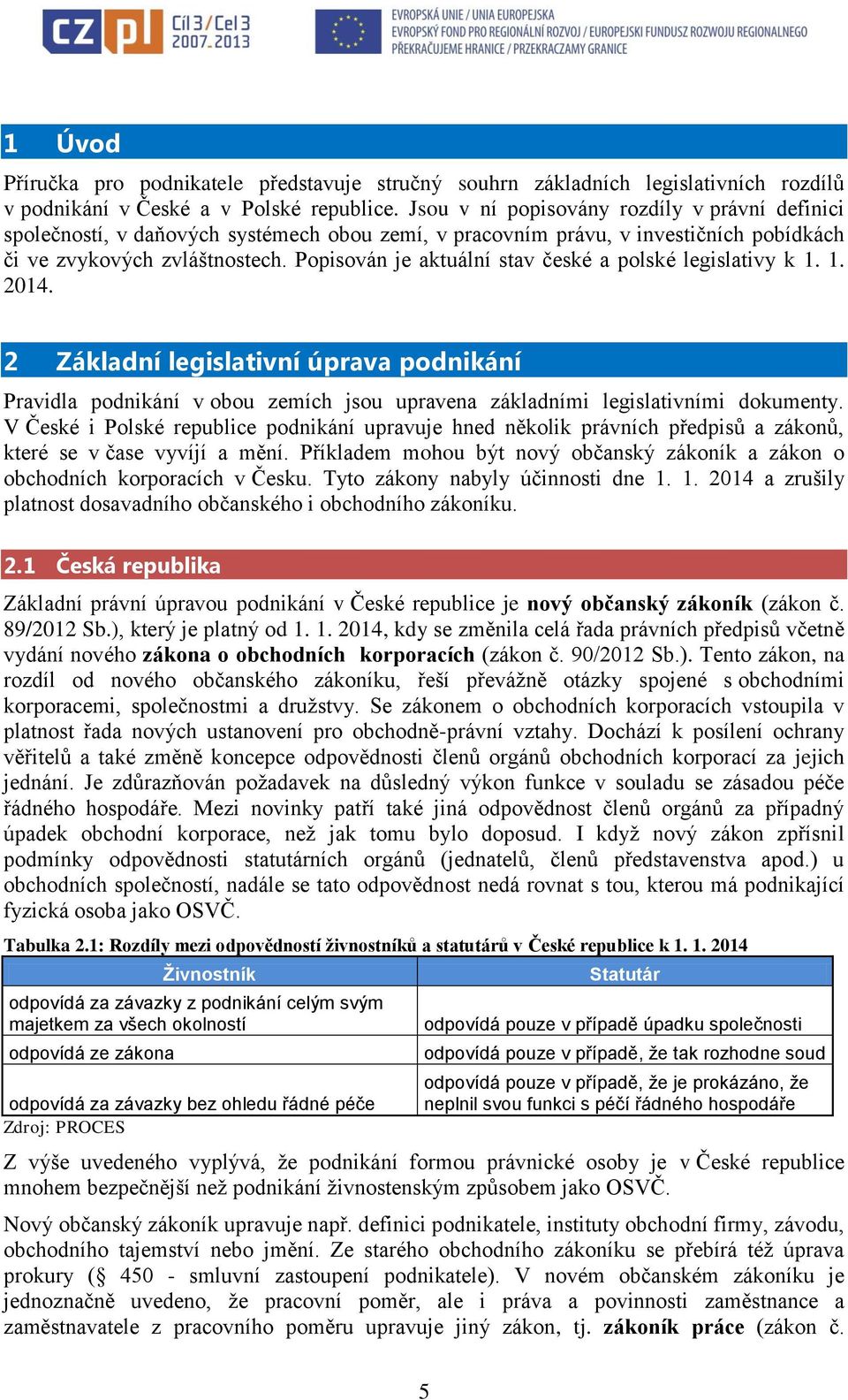 Popisován je aktuální stav české a polské legislativy k 1. 1. 2014. 2 Základní legislativní úprava podnikání Pravidla podnikání v obou zemích jsou upravena základními legislativními dokumenty.