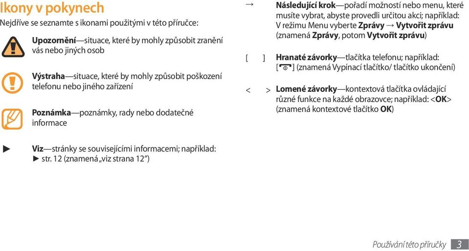 vyberte Zprávy Vytvořit zprávu (znamená Zprávy, potom Vytvořit zprávu) [ ] Hranaté závorky tlačítka telefonu; například: [ ] (znamená Vypínací tlačítko/ tlačítko ukončení) < > Lomené závorky