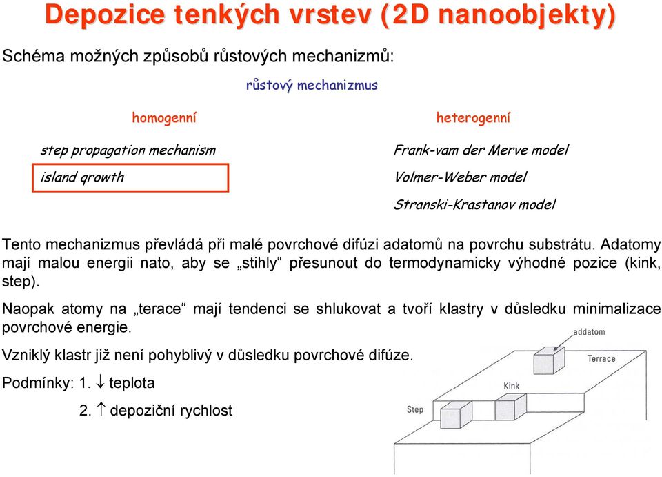 substrátu. Adatomy mají malou energii nato, aby se stihly přesunout do termodynamicky výhodné pozice (kink, step).