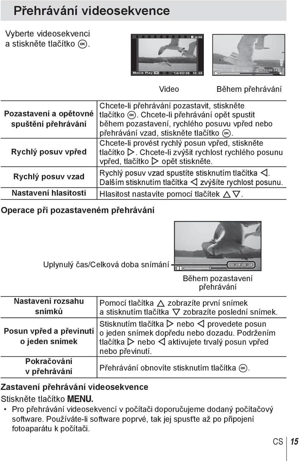 přehrávání Chcete-li přehrávání pozastavit, stiskněte tlačítko A. Chcete-li přehrávání opět spustit během pozastavení, rychlého posuvu vpřed nebo přehrávání vzad, stiskněte tlačítko A.