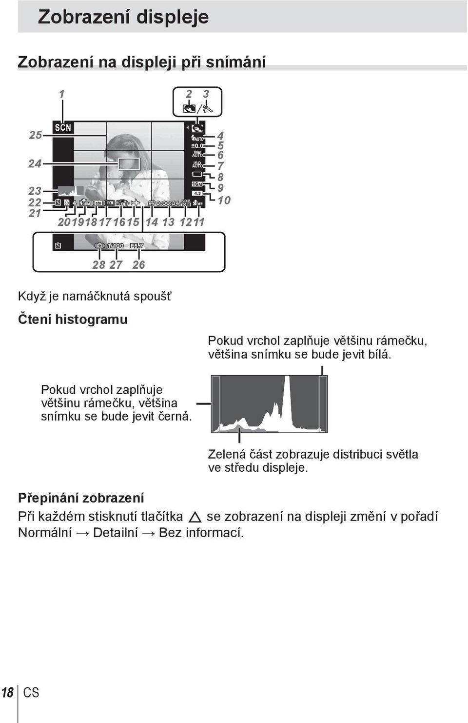 7 28 27 26 Když je namáčknutá spoušť Čtení histogramu Pokud vrchol zaplňuje většinu rámečku, většina snímku se bude jevit bílá.