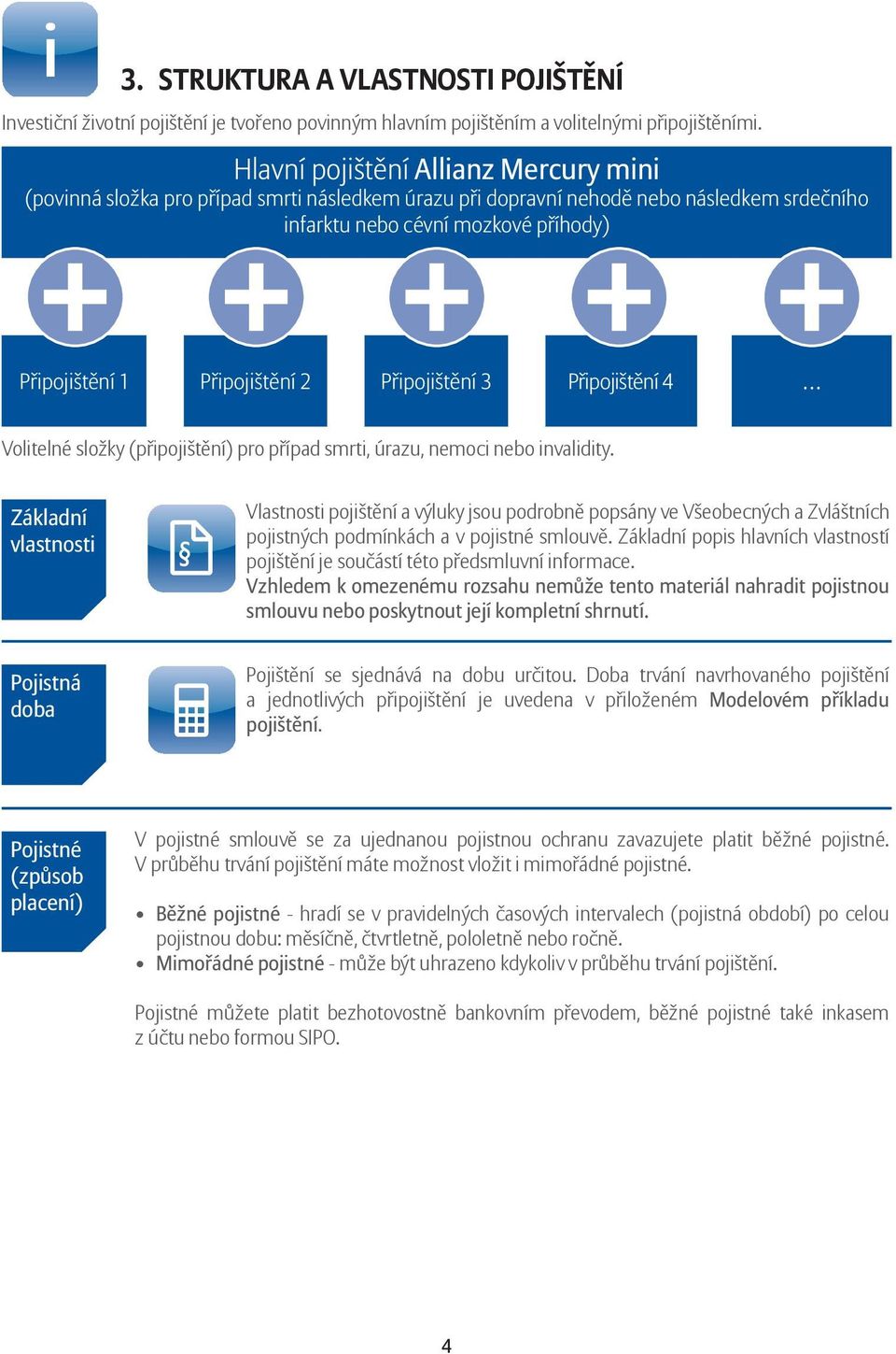 Připojištění 3 Připojištění 4 Volitelné složky (připojištění) pro případ smrti, úrazu, nemoci nebo invalidity.