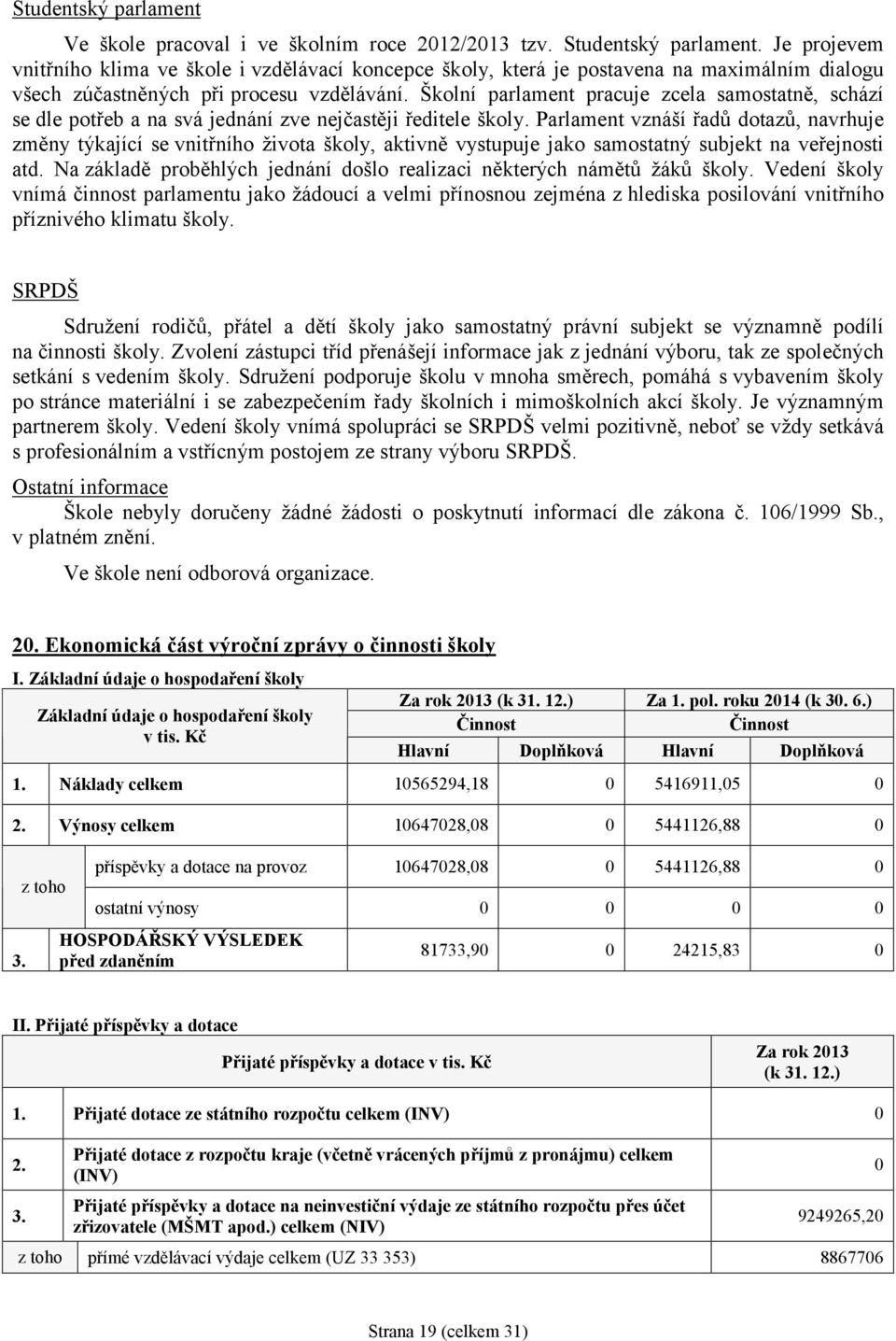 Školní parlament pracuje zcela samostatně, schází se dle potřeb a na svá jednání zve nejčastěji ředitele školy.