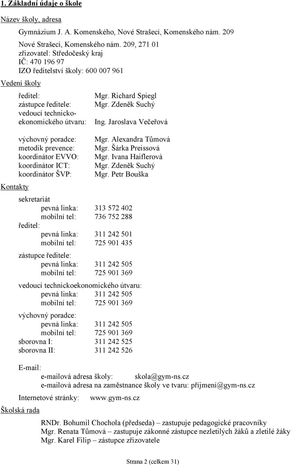 Zdeněk Suchý výchovný poradce: metodik prevence: koordinátor EVVO: koordinátor ICT: koordinátor ŠVP: Mgr. Alexandra Tůmová Mgr. Šárka Preissová Mgr. Ivana Haiflerová Mgr. Zdeněk Suchý Mgr.