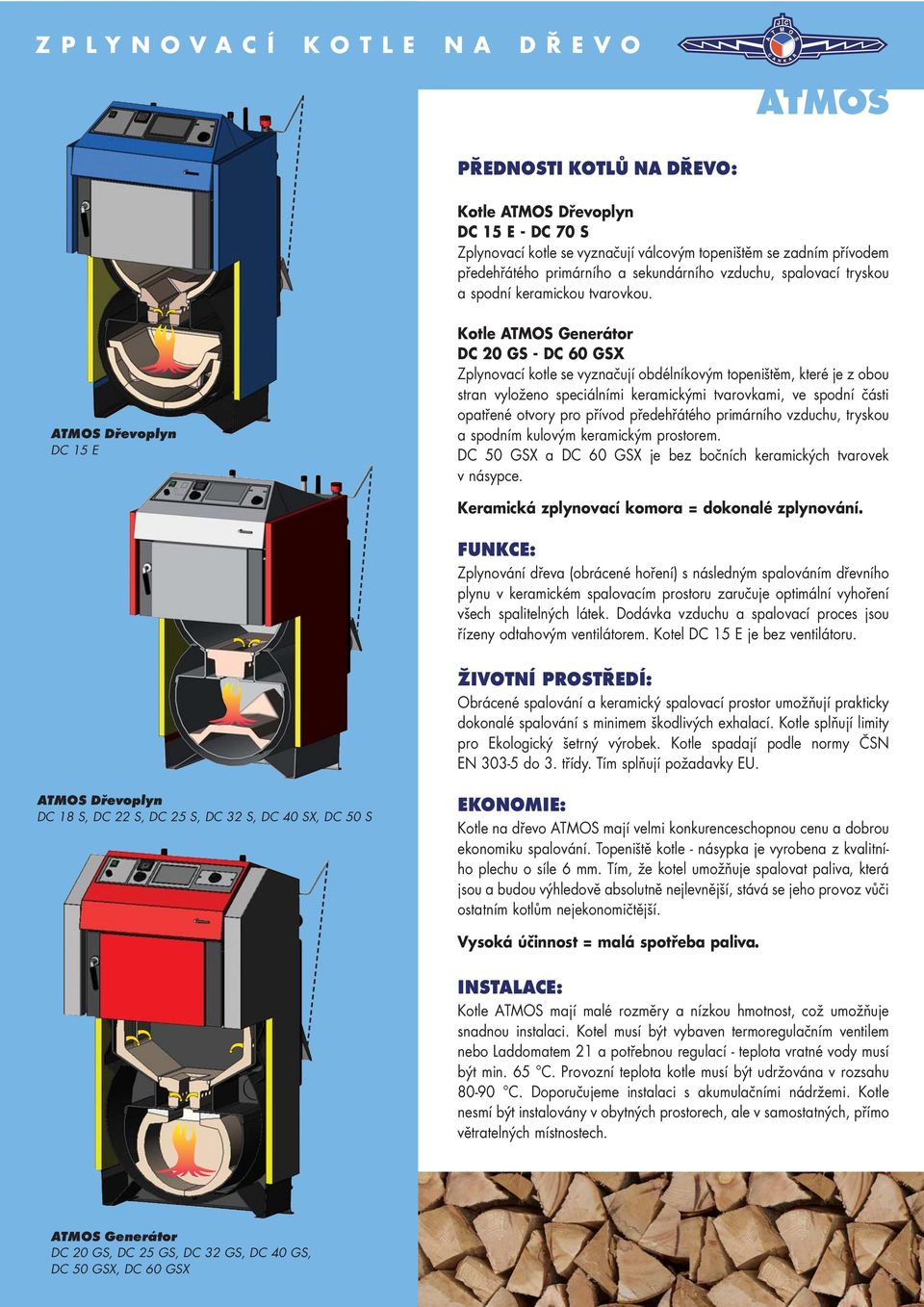 ATMOS Dřevoplyn DC 15 E Kotle ATMOS Generátor DC 20 GS - DC 60 GSX Zplynovací kotle se vyznačují obdélníkovým topeništěm, které je z obou stran vyloženo speciálními keramickými tvarovkami, ve spodní