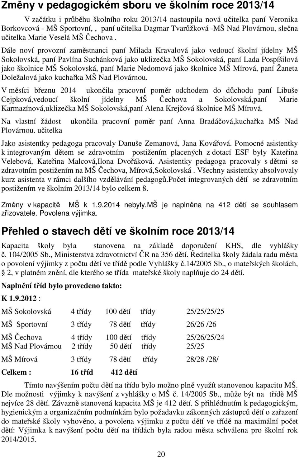 Dále noví provozní zaměstnanci paní Milada Kravalová jako vedoucí školní jídelny MŠ Sokolovská, paní Pavlína Suchánková jako uklizečka MŠ Sokolovská, paní Lada Pospíšilová jako školnice MŠ