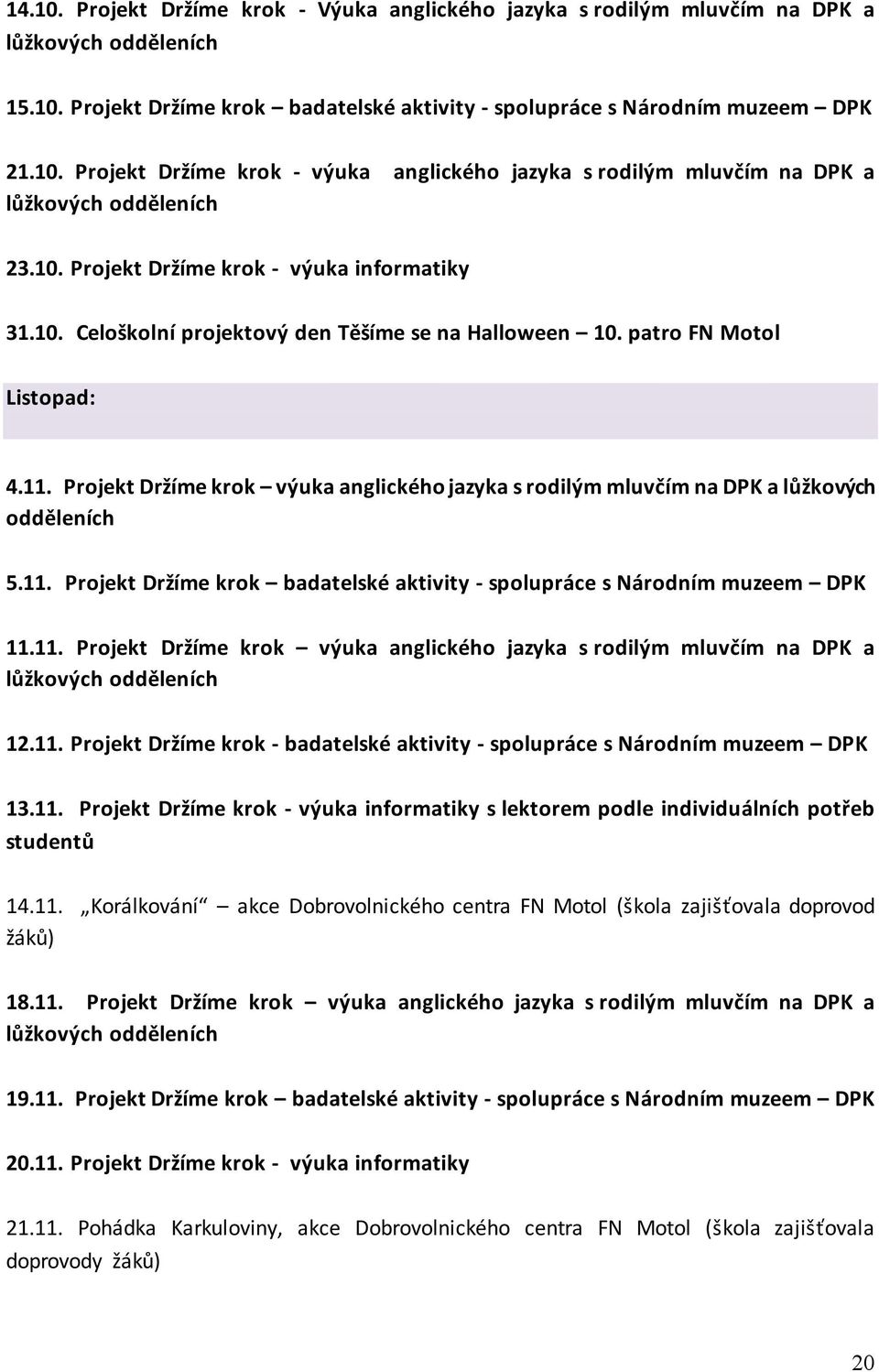 Projekt Držíme krok výuka anglického jazyka s rodilým mluvčím na DPK a lůžkových odděleních 5.11. Projekt Držíme krok badatelské aktivity - spolupráce s Národním muzeem DPK 11.11. Projekt Držíme krok výuka anglického jazyka s rodilým mluvčím na DPK a lůžkových odděleních 12.