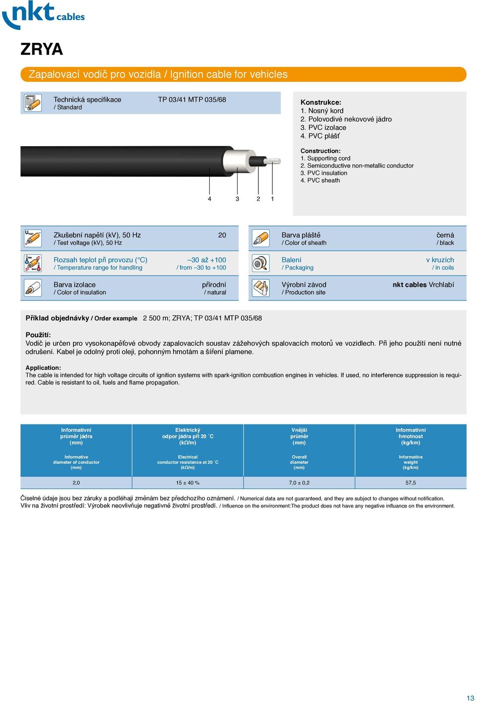 PVC sheath 4 3 2 1 Zkušební napětí (kv), 50 Hz 20 / Test voltage (kv), 50 Hz Rozsah teplot při provozu ( C) 30 až +100 / Temperature range for handling / from 30 to +100 Barva pláště černá / Color of