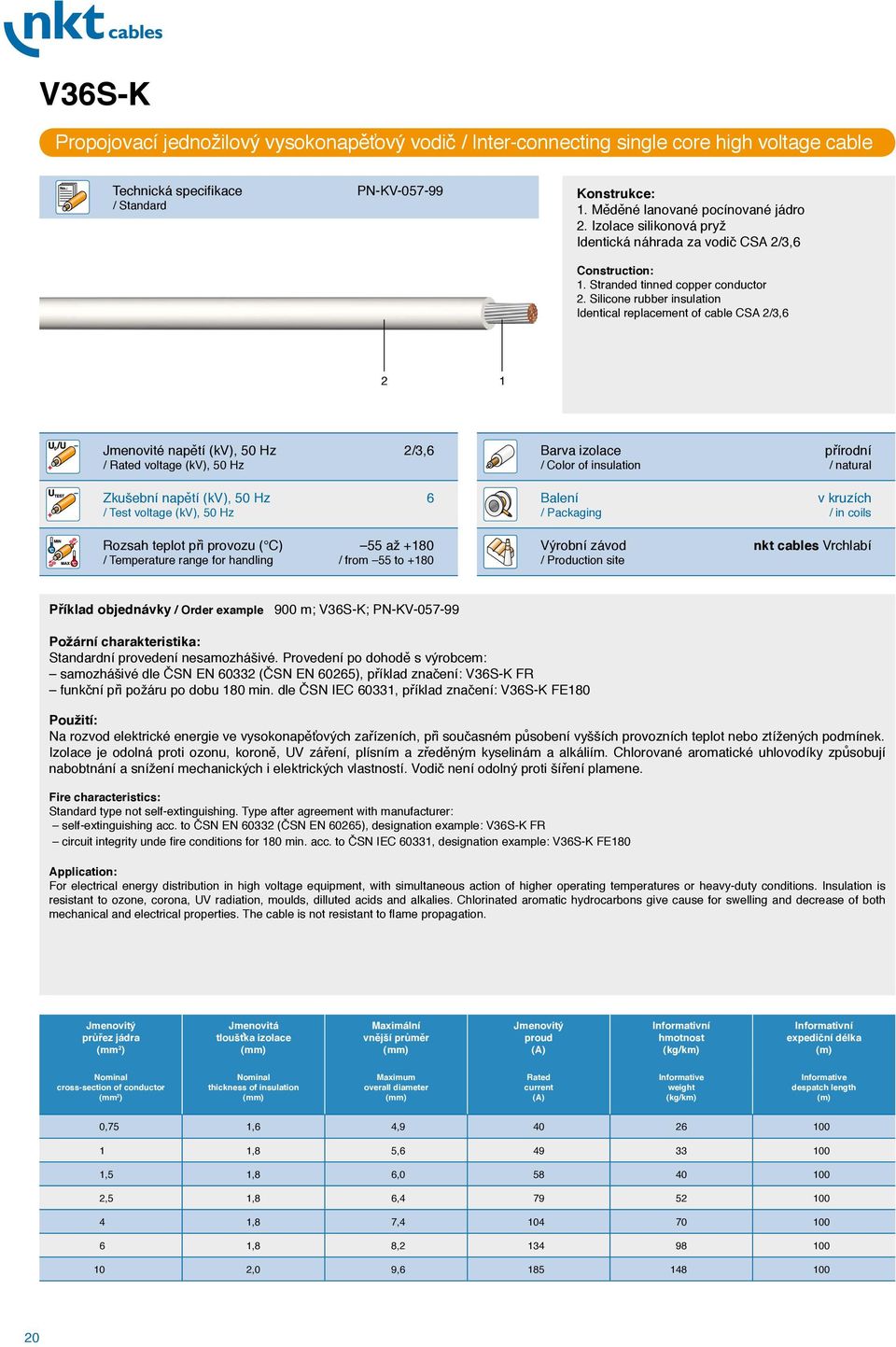 Silicone rubber insulation Identical replacement of cable CSA 2/3,6 2 1 Jmenovité napětí (kv), 50 Hz 2/3,6 / Rated voltage (kv), 50 Hz Zkušební napětí (kv), 50 Hz 6 / Test voltage (kv), 50 Hz