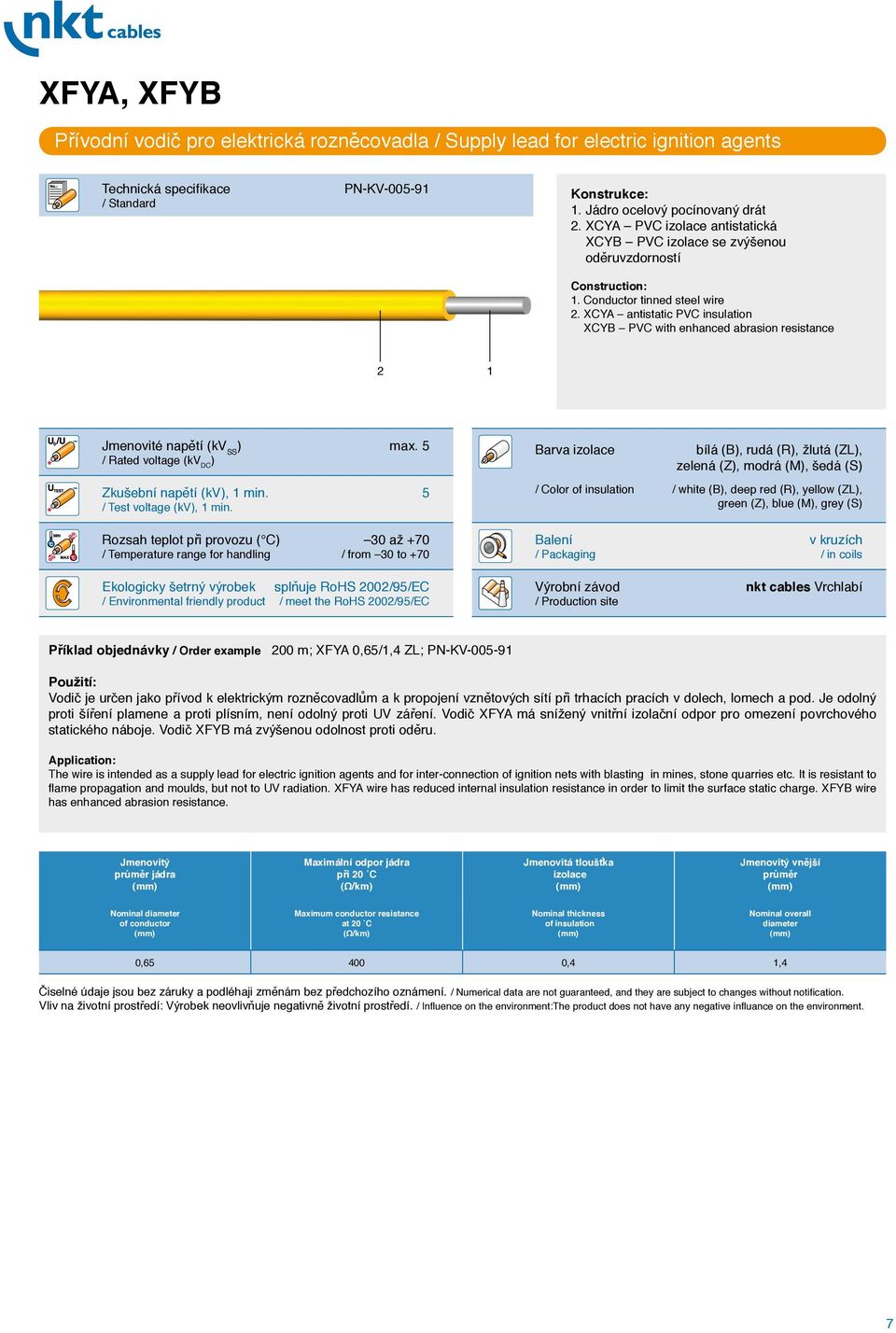 XCYA antistatic PVC insulation XCYB PVC with enhanced abrasion resistance 2 1 Jmenovité napětí (kv SS ) max. 5 / Rated voltage (kv DC ) Zkušební napětí (kv), 1 min. 5 / Test voltage (kv), 1 min.