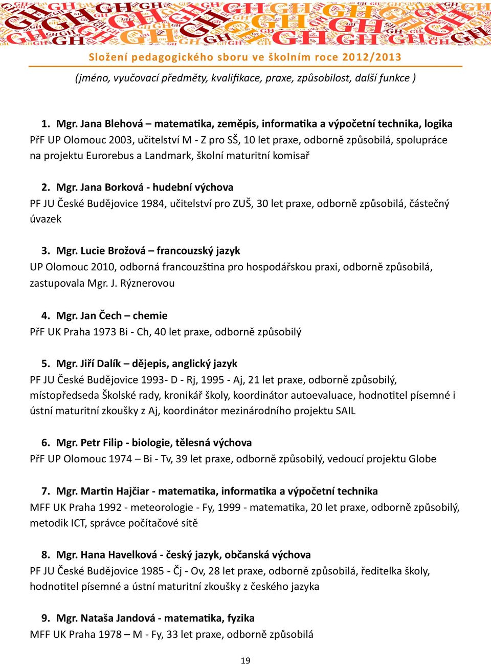 školní maturitní komisař 2. Mgr. Jana Borková - hudební výchova PF JU České Budějovice 1984, učitelství pro ZUŠ, 30 let praxe, odborně způsobilá, částečný úvazek 3. Mgr. Lucie Brožová francouzský jazyk UP Olomouc 2010, odborná francouzština pro hospodářskou praxi, odborně způsobilá, zastupovala Mgr.