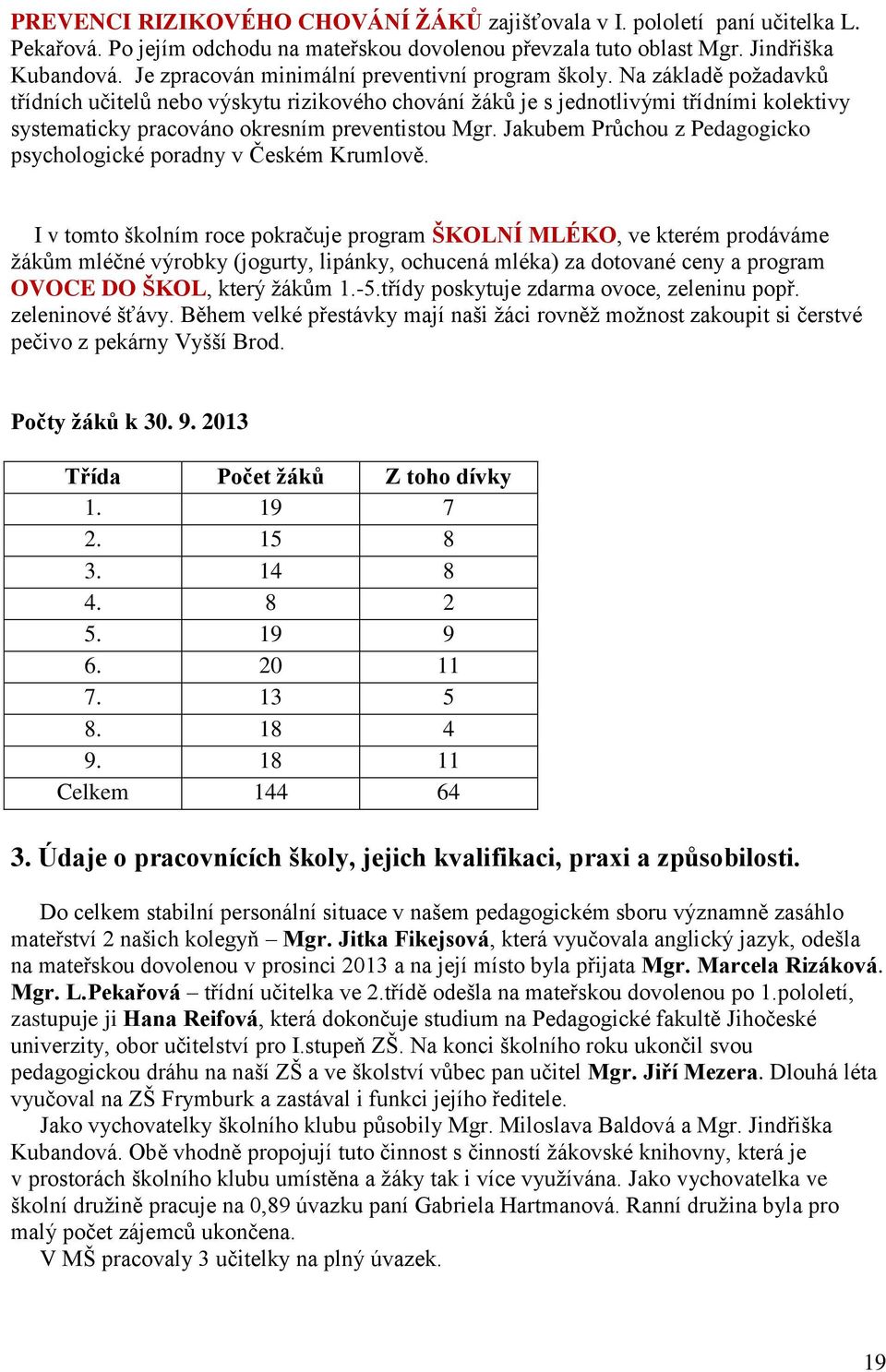 Na základě požadavků třídních učitelů nebo výskytu rizikového chování žáků je s jednotlivými třídními kolektivy systematicky pracováno okresním preventistou Mgr.