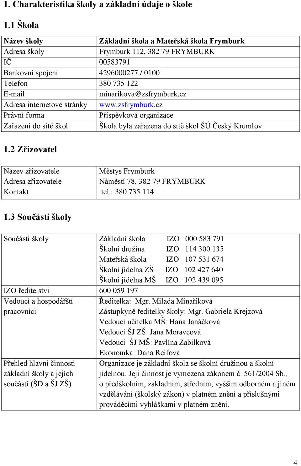 cz Adresa internetové stránky www.zsfrymburk.cz Právní forma Příspěvková organizace Zařazení do sítě škol Škola byla zařazena do sítě škol ŠÚ Český Krumlov 1.