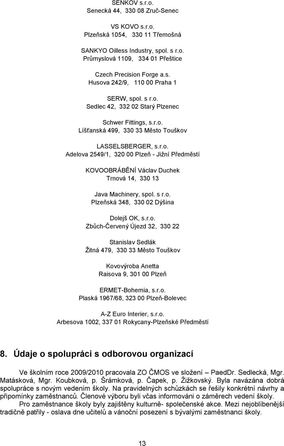 s r.o. Plzeňská 348, 330 02 Dýšina Dolejš OK, s.r.o. Zbůch-Červený Újezd 32, 330 22 Stanislav Sedlák Ţitná 479, 330 33 Město Touškov Kovovýroba Anetta Raisova 9, 30 00 Plzeň ERMET-Bohemia, s.r.o. Plaská 967/68, 323 00 Plzeň-Bolevec A-Z Euro Interier, s.