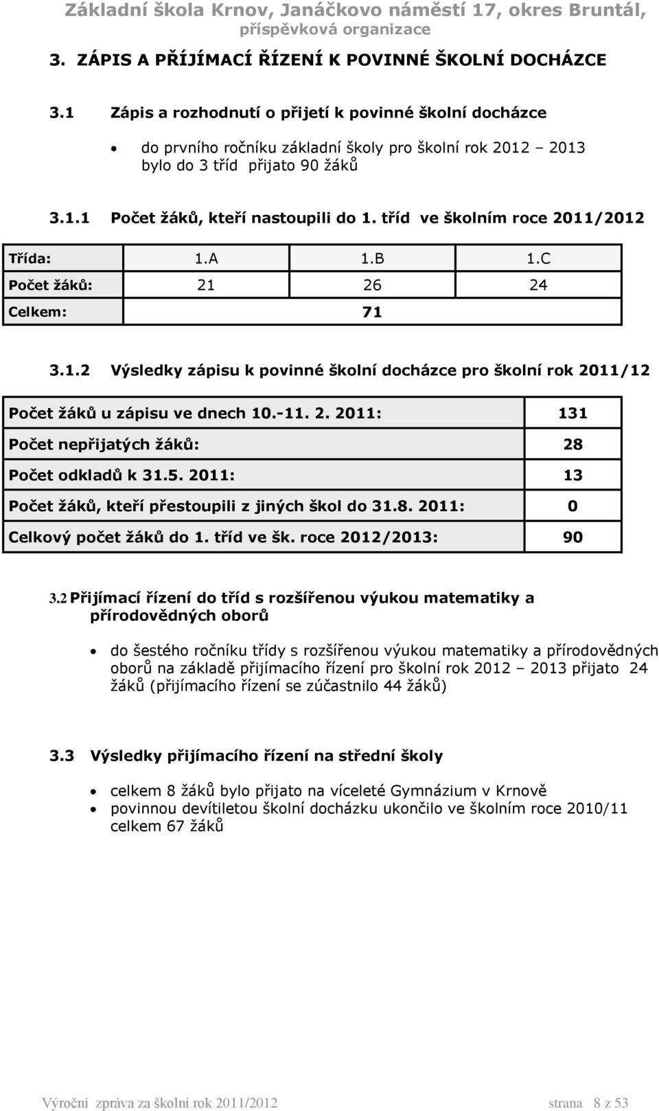 tříd ve školním roce 2011/2012 Třída: 1.A 1.B 1.C Počet žáků: 21 26 24 Celkem: 71 3.1.2 Výsledky zápisu k povinné školní docházce pro školní rok 2011/12 Počet žáků u zápisu ve dnech 10.-11. 2. 2011: 131 Počet nepřijatých žáků: 28 Počet odkladů k 31.