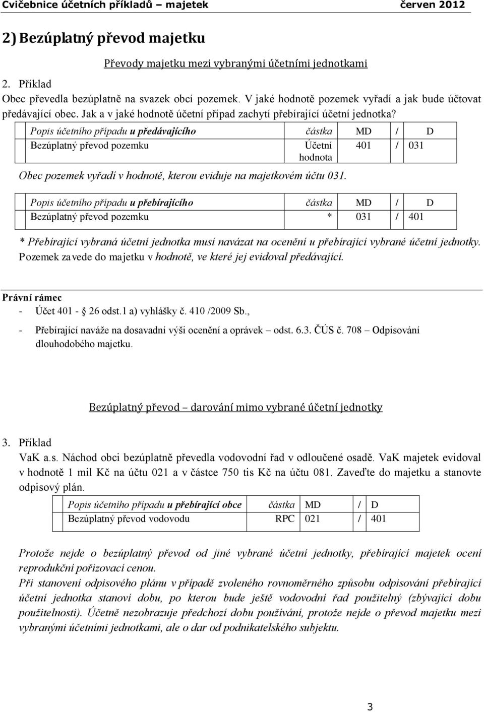 Popis účetního případu u předávajícího částka MD / D Bezúplatný převod pozemku Účetní hodnota 401 / 031 Obec pozemek vyřadí v hodnotě, kterou eviduje na majetkovém účtu 031.