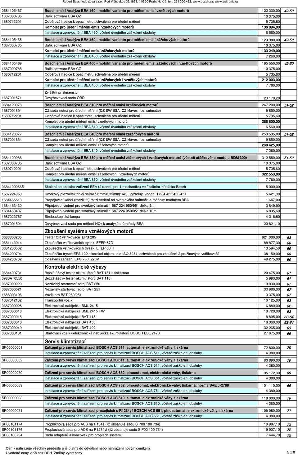 Analýza BEA 460 - mobilní varianta pro měření emisí zážehových motorů 123 980,00 49-50 1687000785 Balík software ESA CZ 10 375,00 Komplet pro úřední měření emisí zážehových motorů 133 249,00