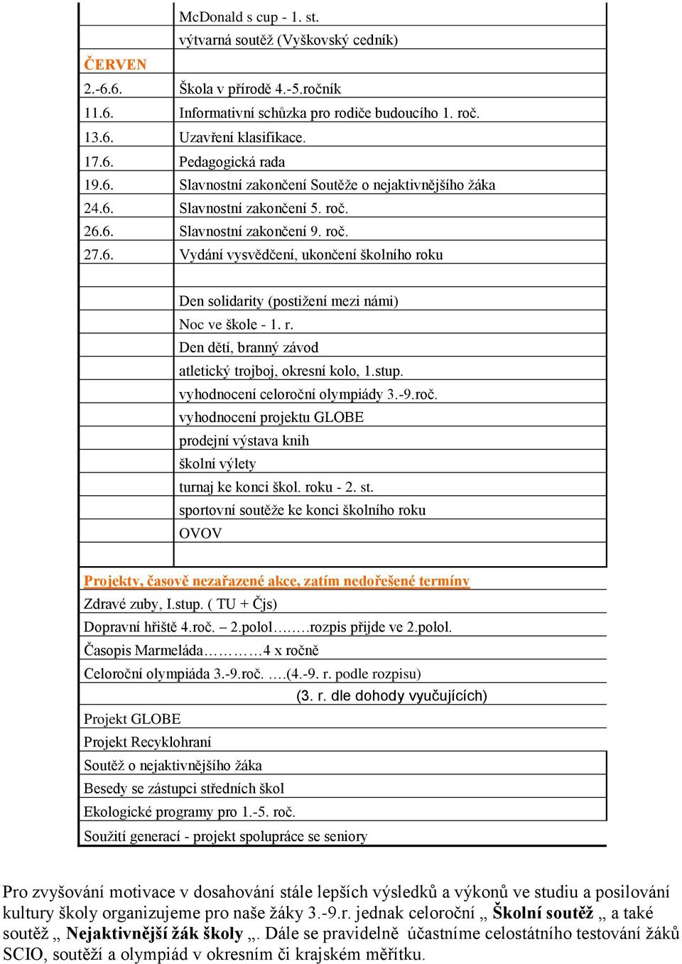 r. Den dětí, branný závod atletický trojboj, okresní kolo, 1.stup. vyhodnocení celoroční olympiády 3.-9.roč. vyhodnocení projektu GLOBE prodejní výstava knih školní výlety turnaj ke konci škol.
