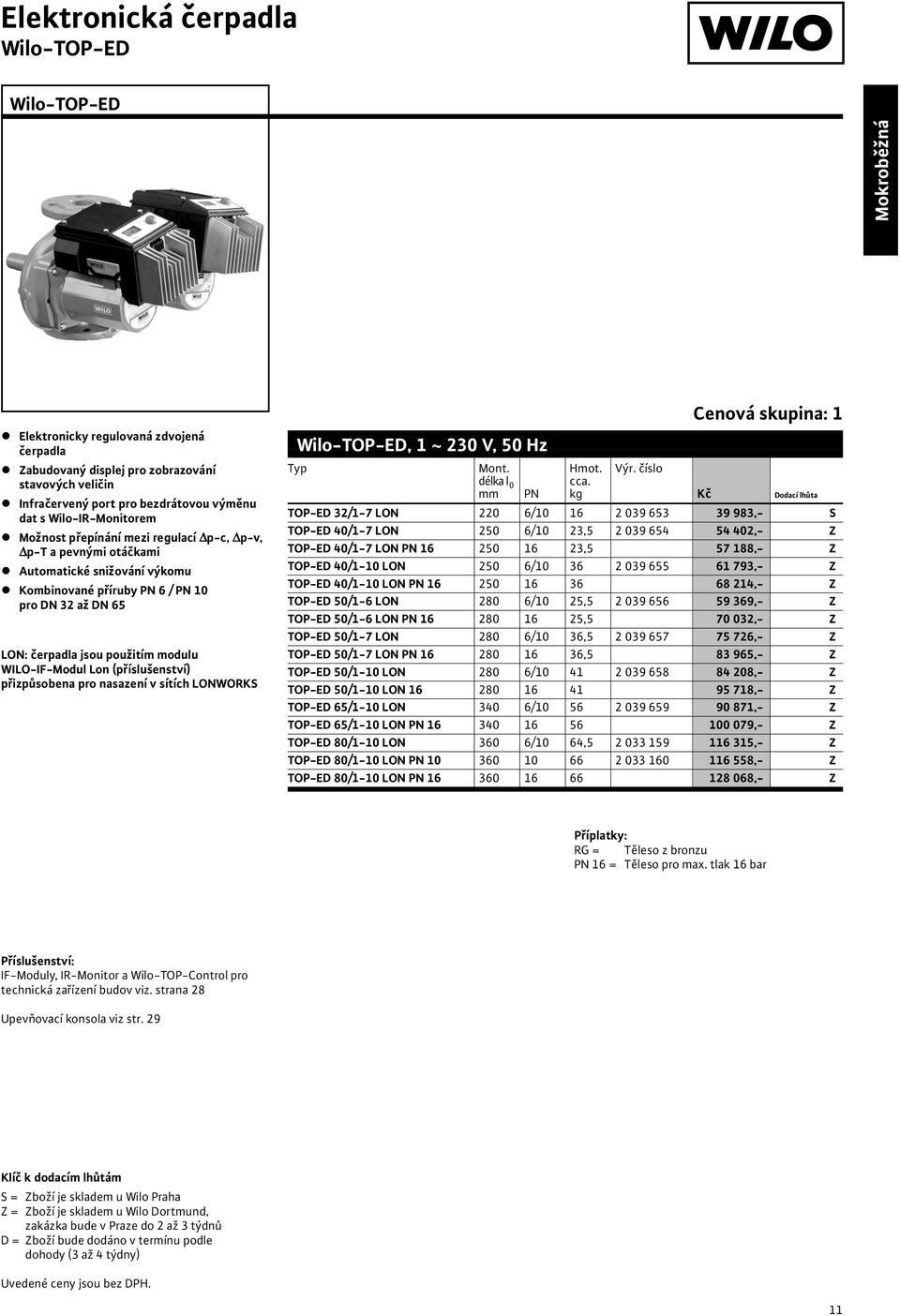 WILO-IF-Modul Lon (příslušenství) přizpůsobena pro nasazení v sítích LONWORKS Wilo-TOP-ED, 1 ~ 230 V, 50 Hz Cenová skupina: 1 Typ Mont. Hmot. Výr. číslo délka l 0 cca.