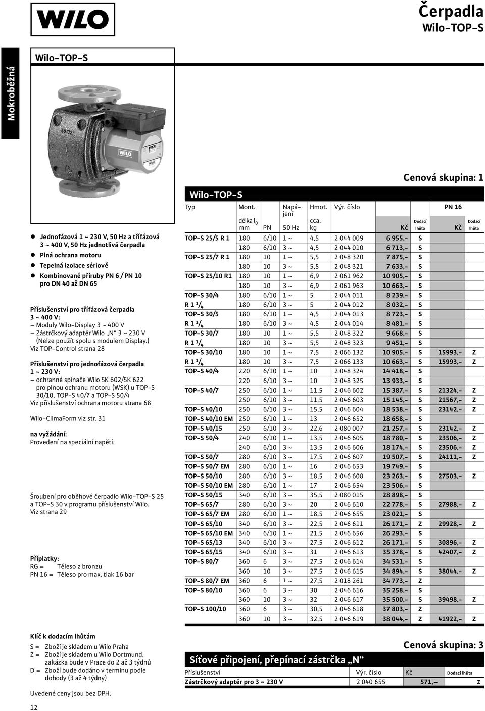 ) Viz TOP-Control strana 28 Příslušenství pro jednofázová čerpadla 1 ~ 230 V: ochranné spínače Wilo SK 602/SK 622 pro plnou ochranu motoru (WSK) u TOP-S 30/10, TOP-S 40/7 a TOP-S 50/4 Viz