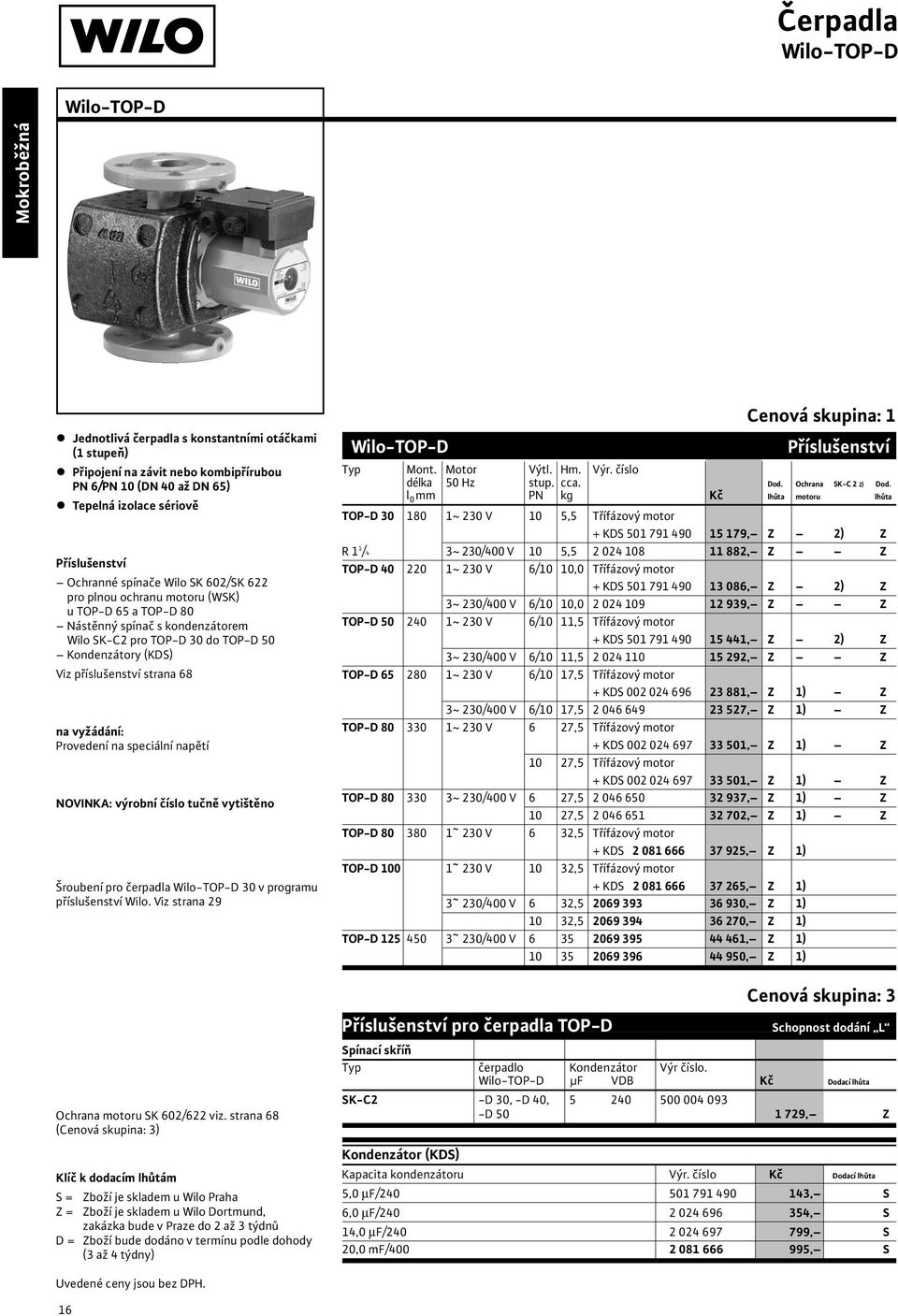 příslušenství strana 68 na vyžádání: Provedení na speciální napětí NOVINKA: výrobní číslo tučně vytištěno Šroubení pro čerpadla Wilo-TOP-D 30 v programu příslušenství Wilo.