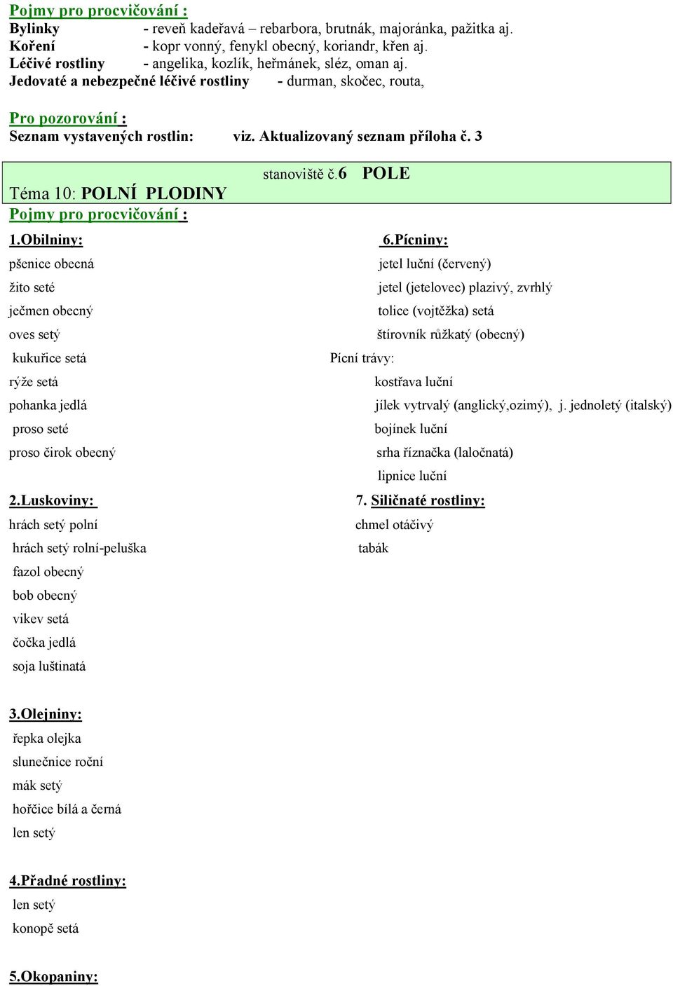 Aktualizovaný seznam příloha č. 3 Téma 10: POLNÍ PLODINY Pojmy pro procvičování : 1.