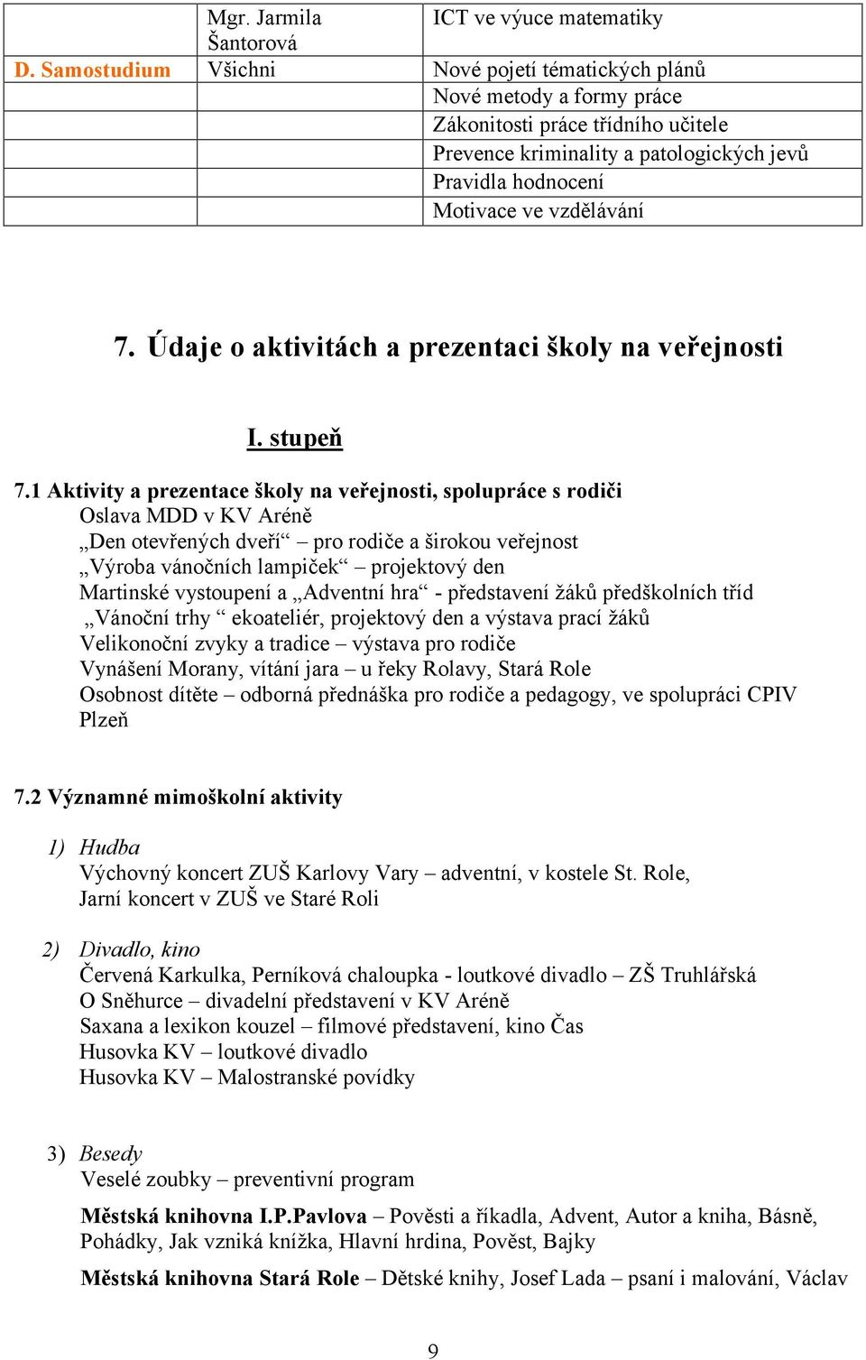 Údaje o aktivitách a prezentaci školy na veřejnosti I. stupeň 7.