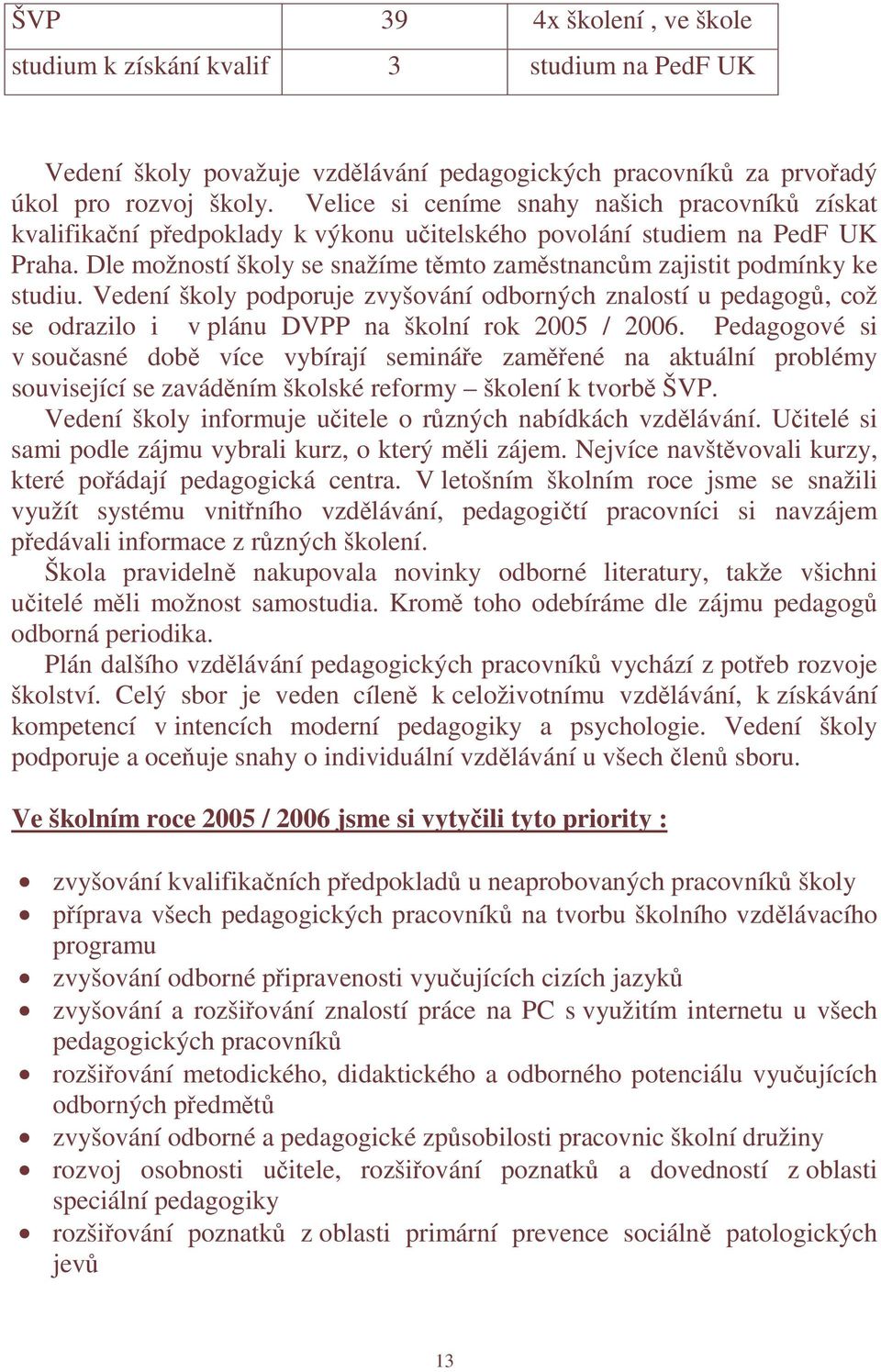 Dle možností školy se snažíme těmto zaměstnancům zajistit podmínky ke studiu. Vedení školy podporuje zvyšování odborných znalostí u pedagogů, což se odrazilo i v plánu DVPP na školní rok 2005 / 2006.