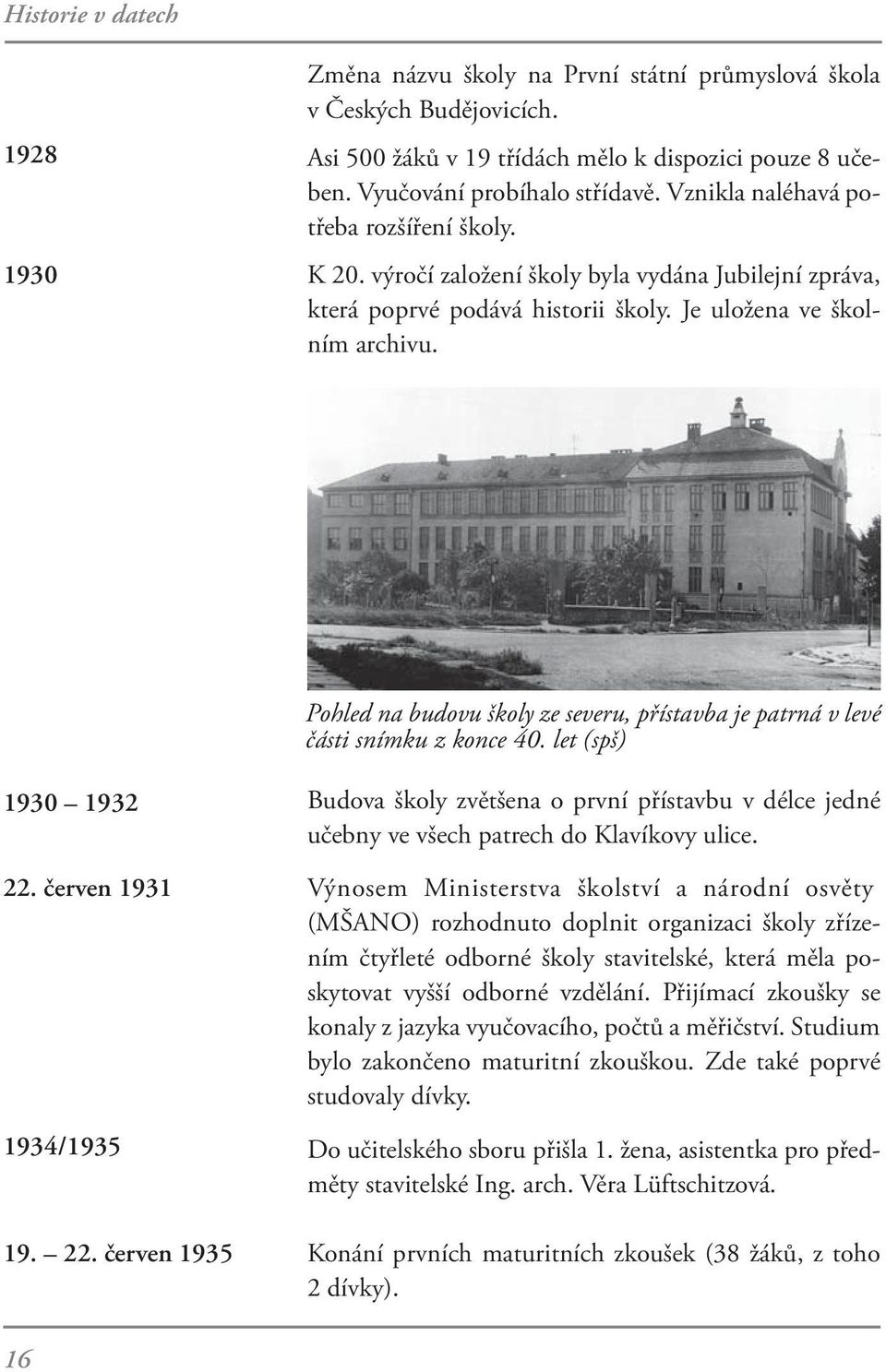 Pohled na budovu školy ze severu, přístavba je patrná v levé části snímku z konce 40. let (spš) 1930 1932 22.