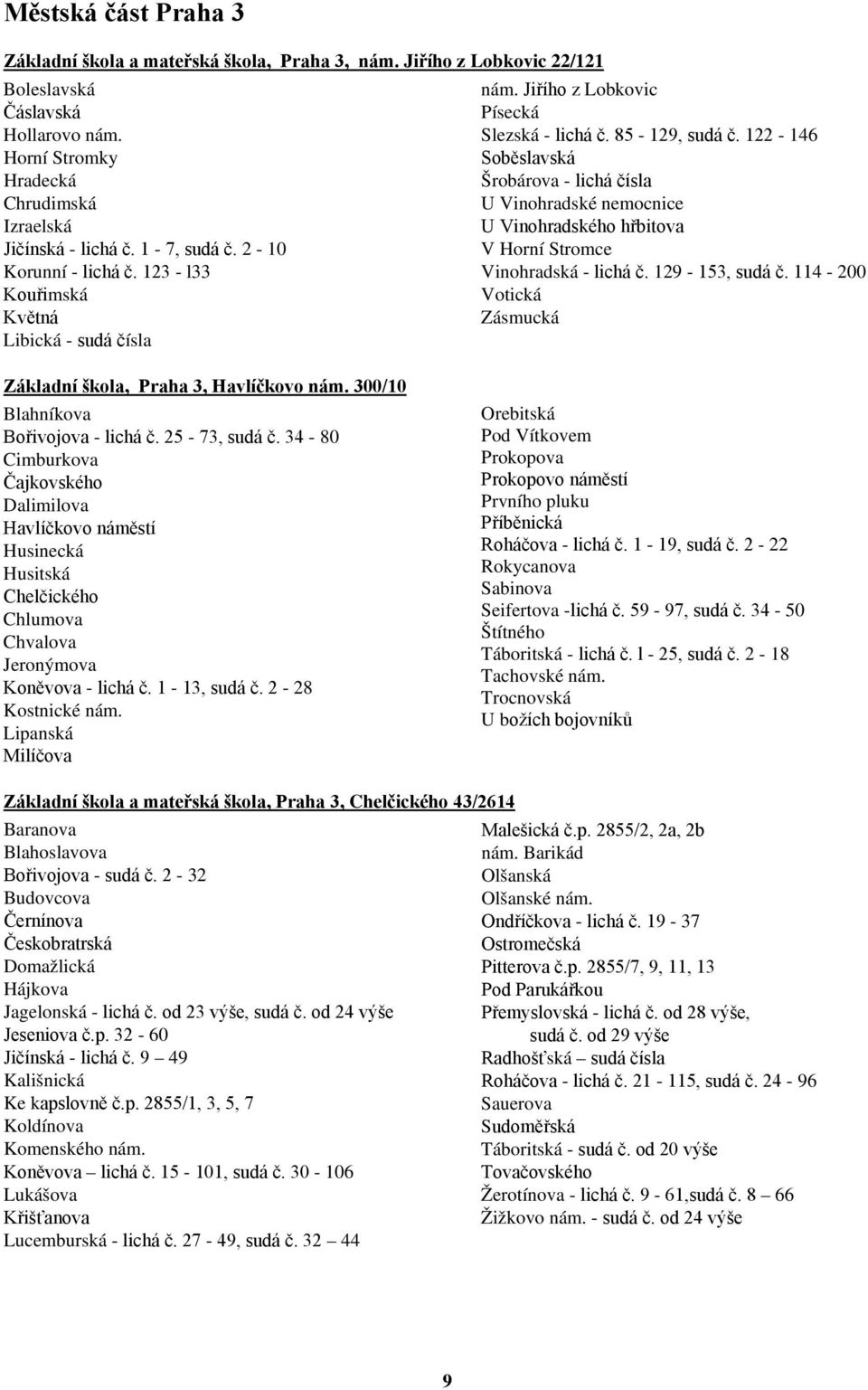 122-146 Soběslavská Šrobárova - lichá čísla U Vinohradské nemocnice U Vinohradského hřbitova V Horní Stromce Vinohradská - lichá č. 129-153, sudá č.