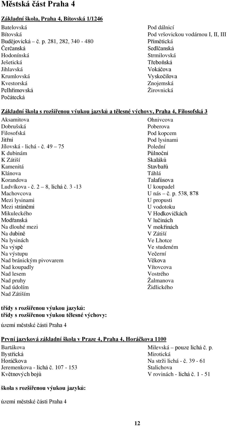 Vokáčova Vyskočilova Znojemská Žirovnická Základní škola s rozšířenou výukou jazyků a tělesné výchovy, Praha 4, Filosofská 3 Aksamitova Dobrušská Filosofská Jitřní Jílovská - lichá - č.