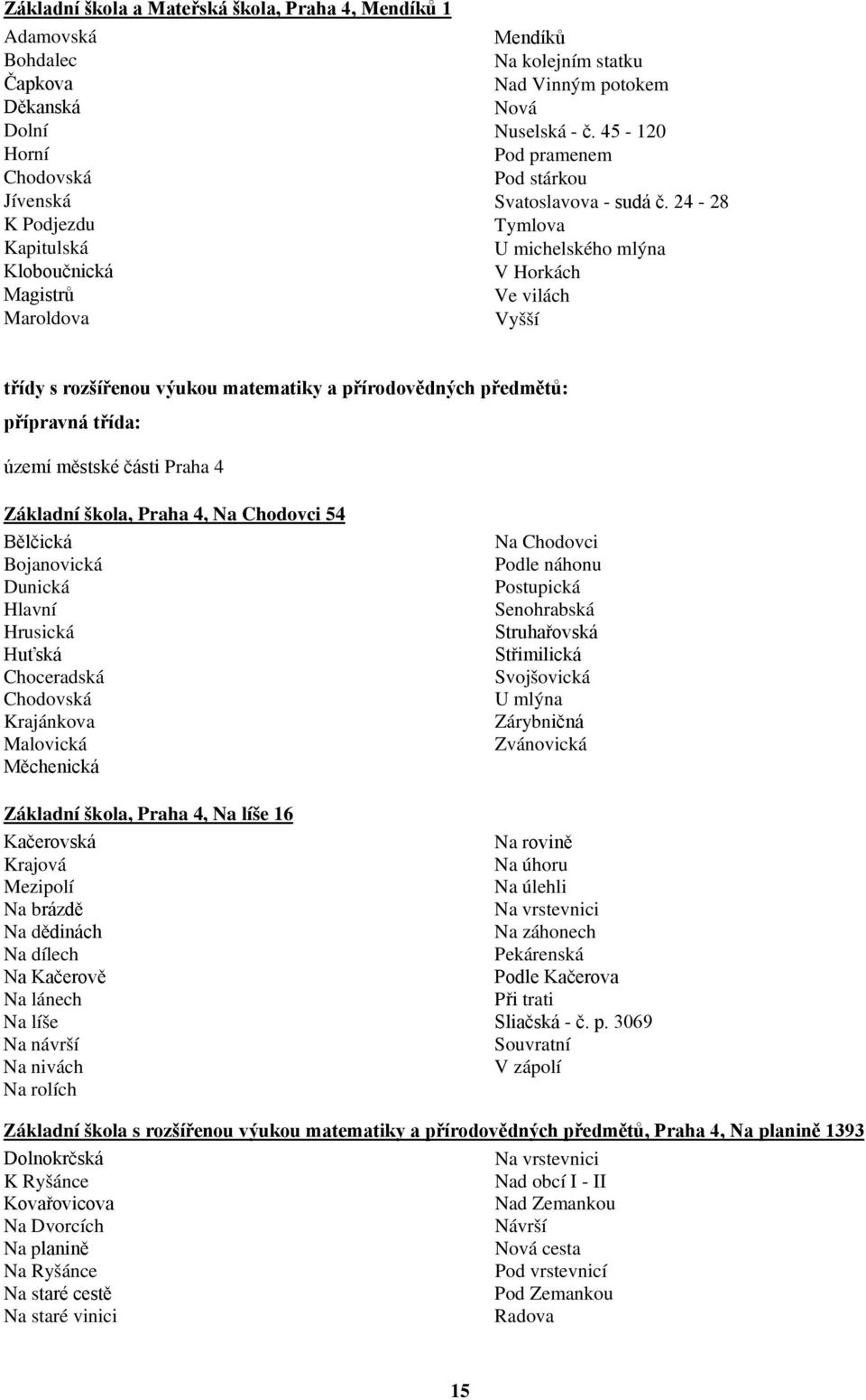 24-28 Tymlova U michelského mlýna V Horkách Ve vilách Vyšší třídy s rozšířenou výukou matematiky a přírodovědných předmětů: přípravná třída: území městské části Praha 4 Základní škola, Praha 4, Na