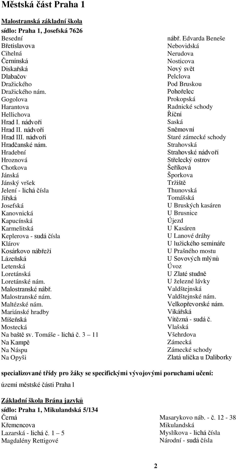 Hradební Hroznová Chotkova Jánská Jánský vršek Jelení - lichá čísla Jiřská Josefská Kanovnická Kapucínská Karmelitská Keplerova - sudá čísla Klárov Kosárkovo nábřeží Lázeňská Letenská Loretánská