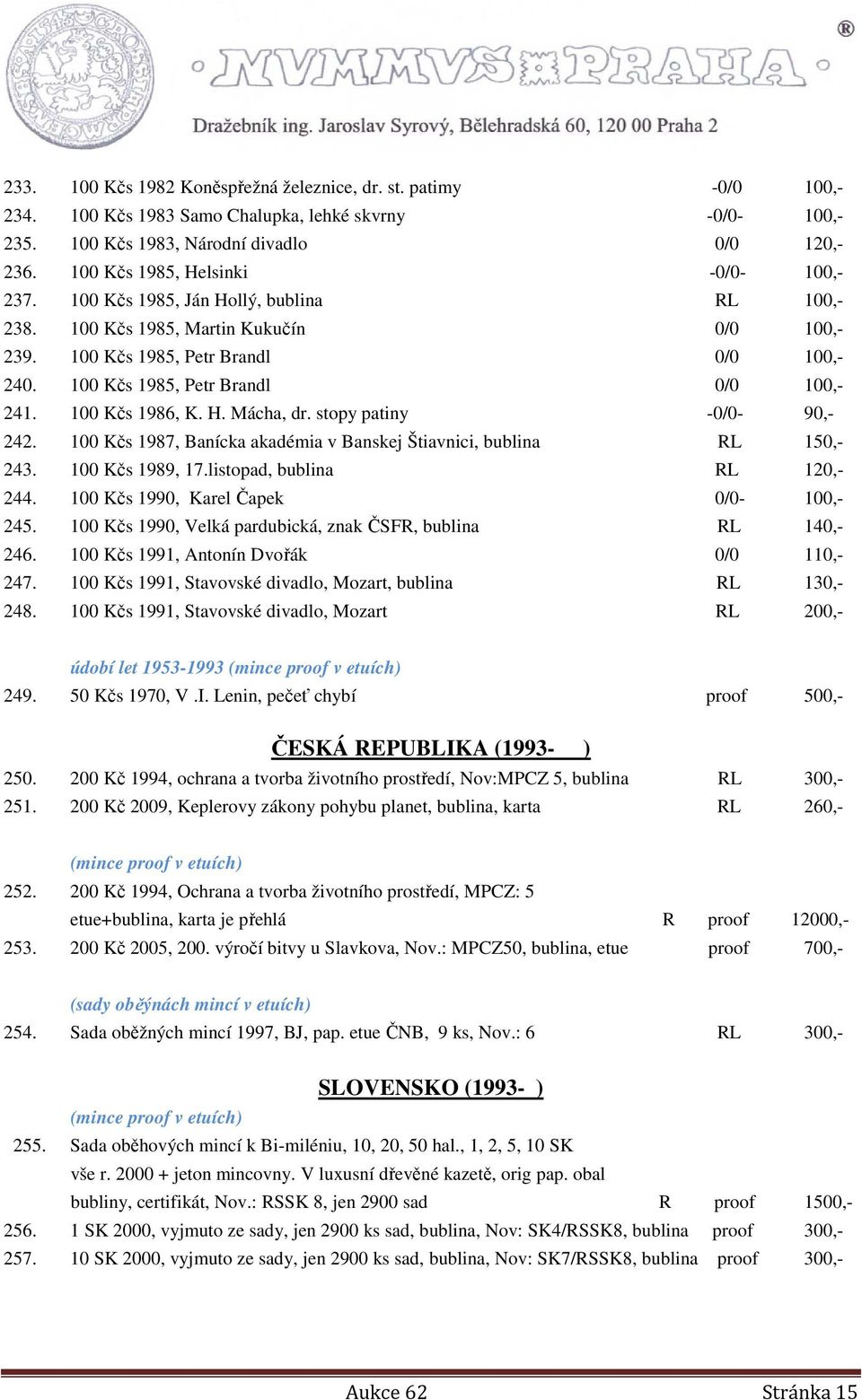 100 Kčs 1985, Petr Brandl 0/0 100,- 241. 100 Kčs 1986, K. H. Mácha, dr. stopy patiny -0/0-90,- 242. 100 Kčs 1987, Banícka akadémia v Banskej Štiavnici, bublina RL 150,- 243. 100 Kčs 1989, 17.