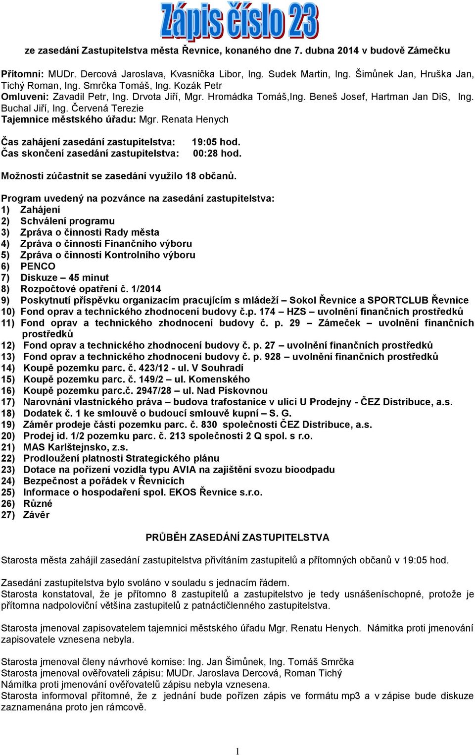 Červená Terezie Tajemnice městského úřadu: Mgr. Renata Henych Čas zahájení zasedání zastupitelstva: Čas skončení zasedání zastupitelstva: 19:05 hod. 00:28 hod.