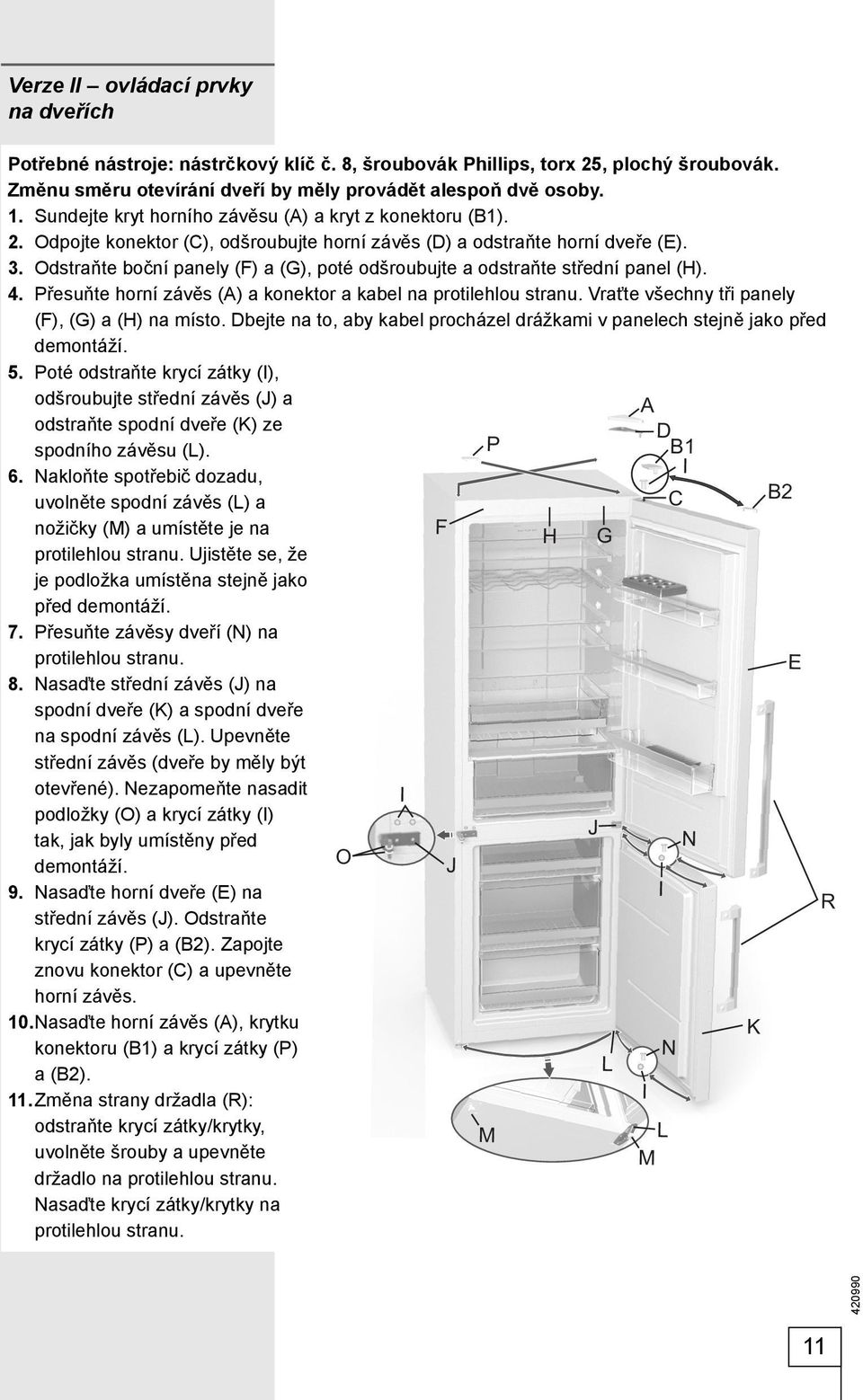 Odstraňte boční panely (F) a (G), poté odšroubujte a odstraňte střední panel (H). 4. Přesuňte horní závěs (A) a konektor a kabel na protilehlou stranu.