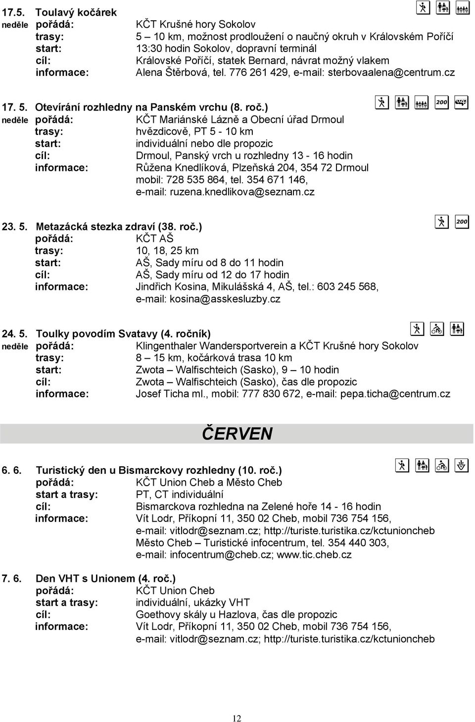 ) neděle KČT Mariánské Lázně a Obecní úřad Drmoul hvězdicově, PT 5-10 km individuální nebo dle propozic Drmoul, Panský vrch u rozhledny 13-16 hodin informace: Růžena Knedlíková, Plzeňská 204, 354 72